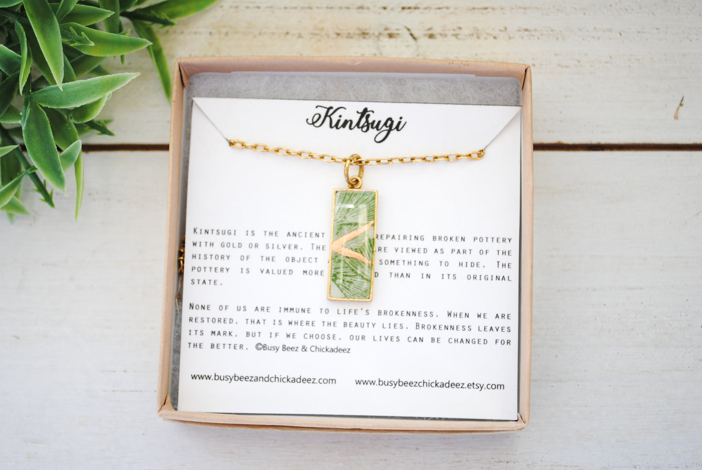 Kintsugi Inspired Pendants - Kintsugi Necklace Rectangle, green gingko leaf