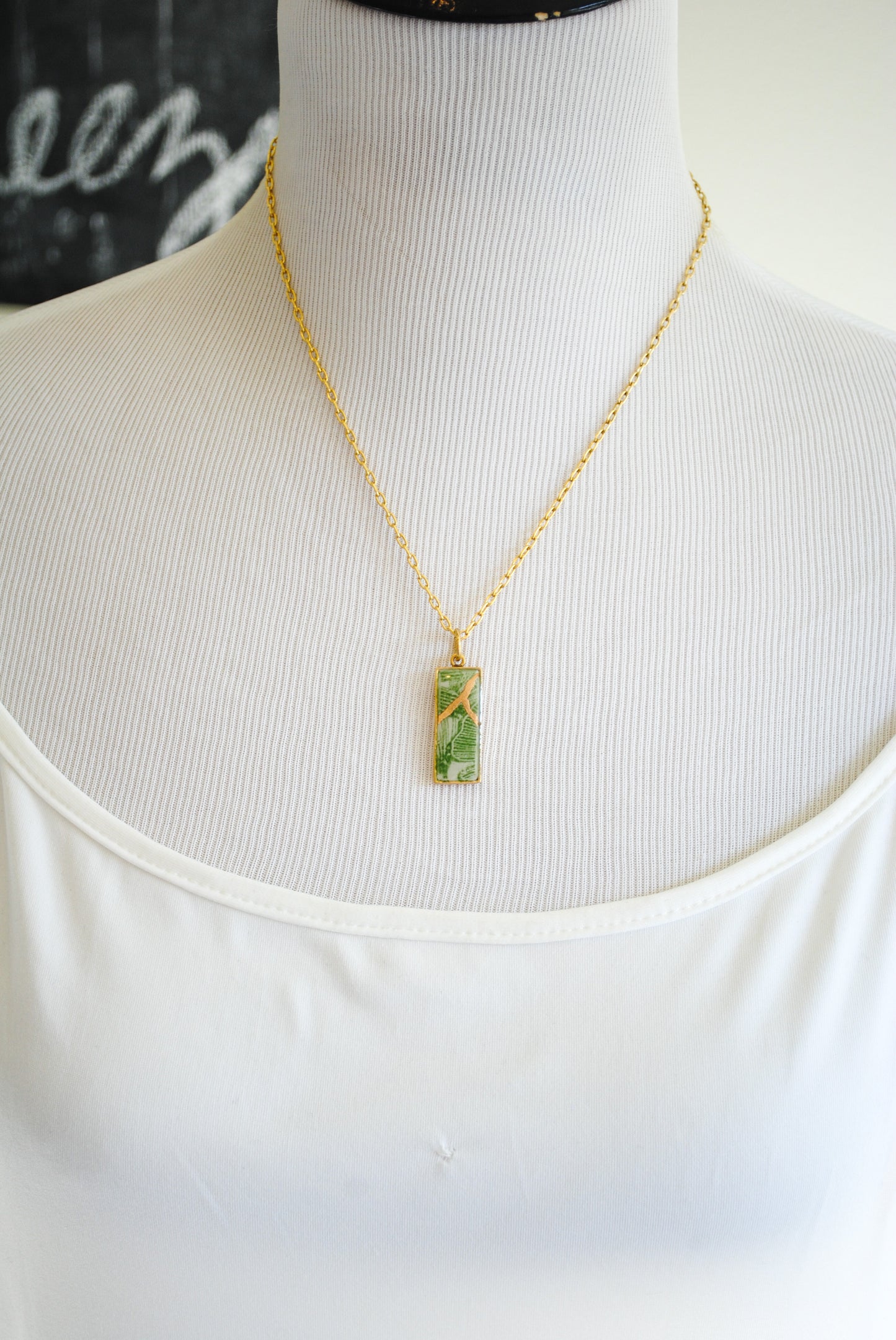 Kintsugi Inspired Pendants - Kintsugi Necklace Rectangle, green gingko leaf