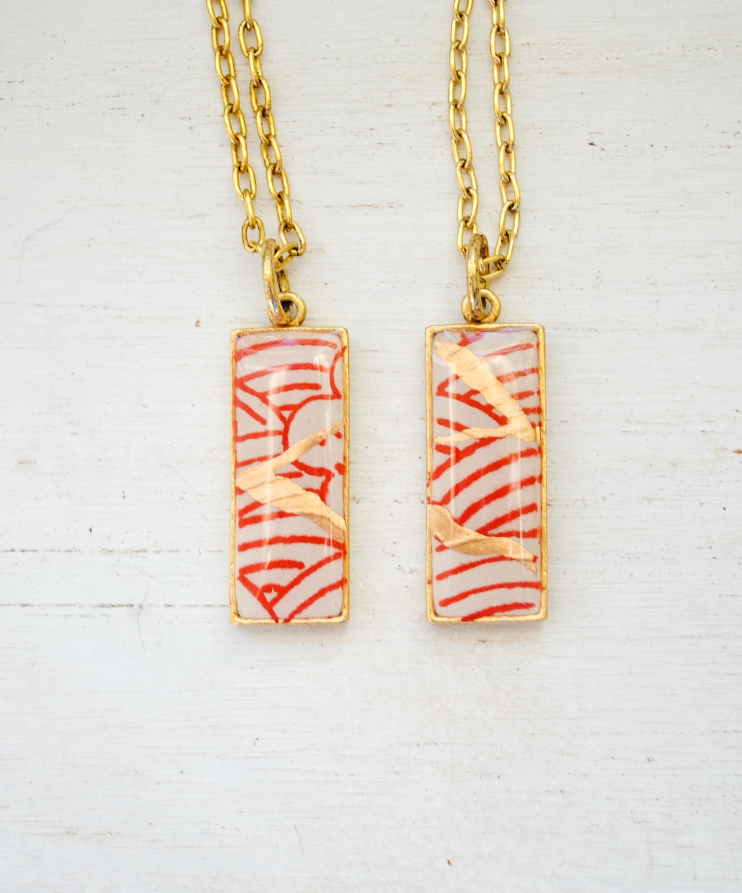 Kintsugi Inspired Pendants - Kintsugi Necklace Rectangle, red wave