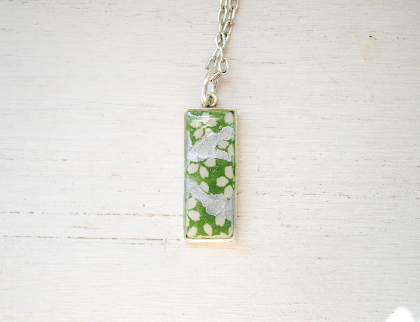Kintsugi Inspired Pendants - Kintsugi Necklace Rectangle, green cherry blossom gold or silver