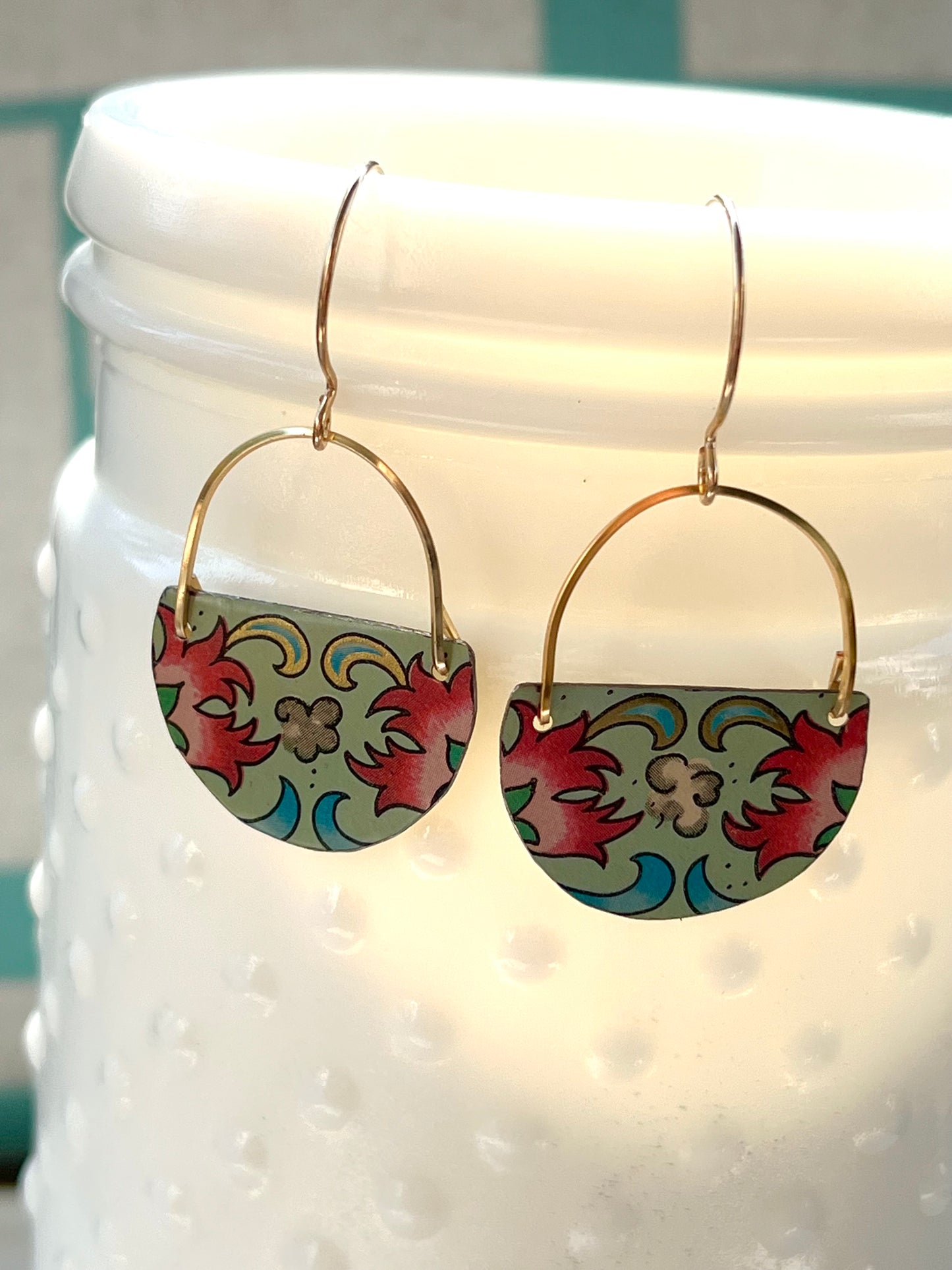 Mint Floral Half Circle Earrings