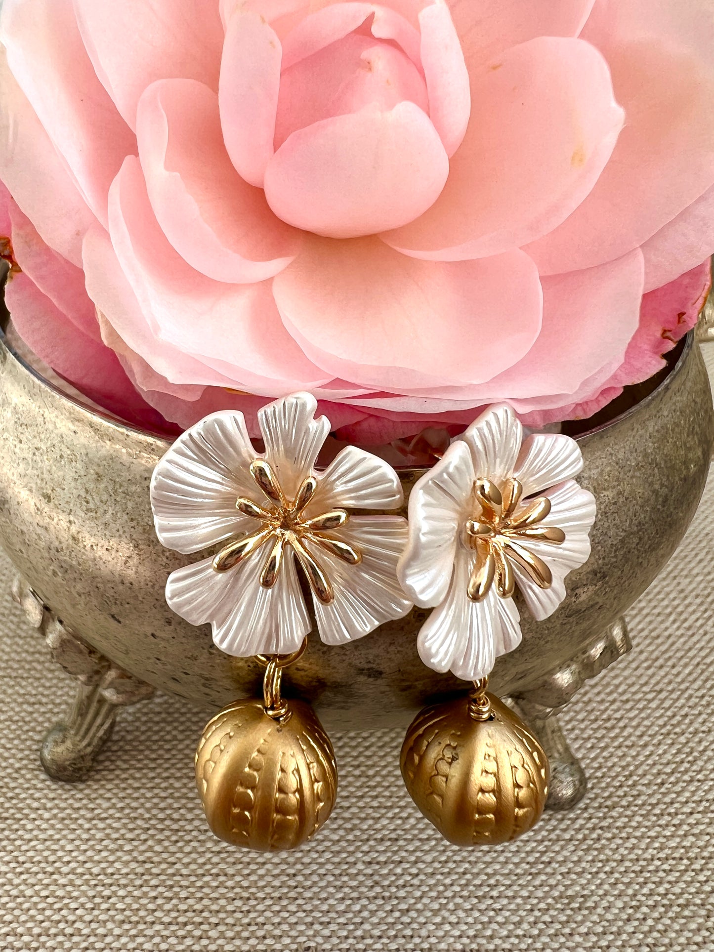 White and Gold Enameled Flower Earrings