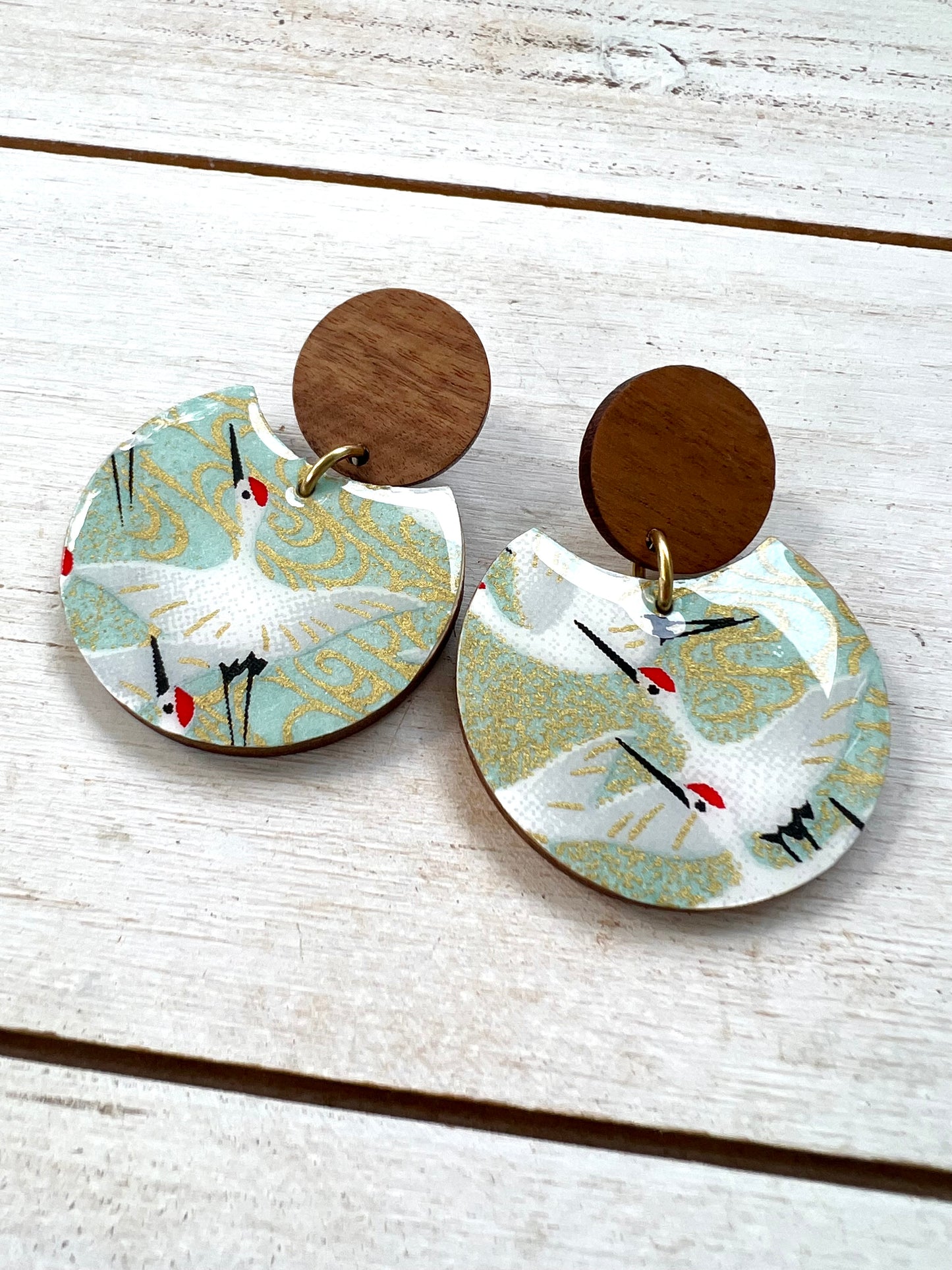 Soft Green Egret Chiyogami Earrings