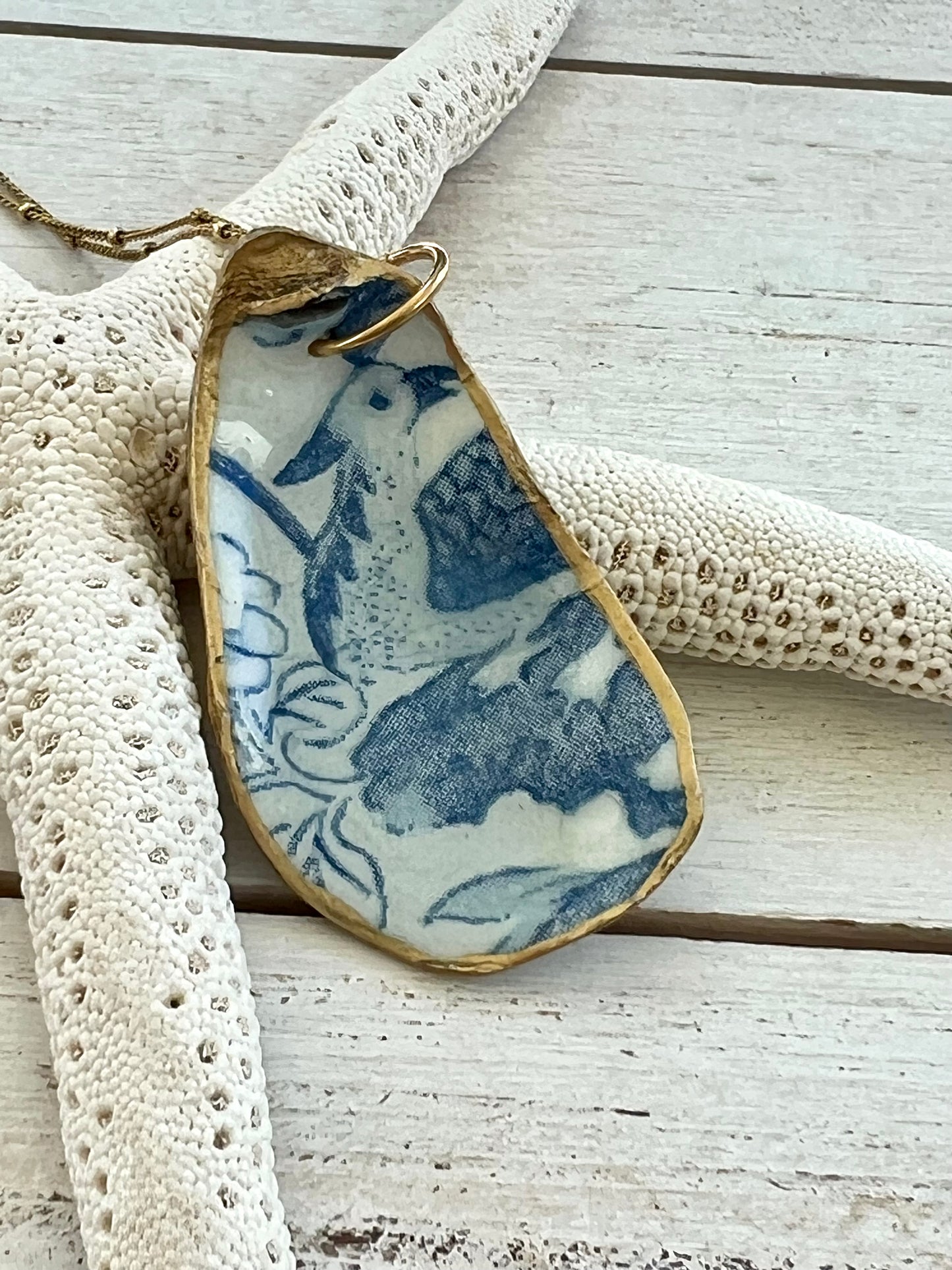 Blue and White Chinoiserie Oyster Shell Necklace