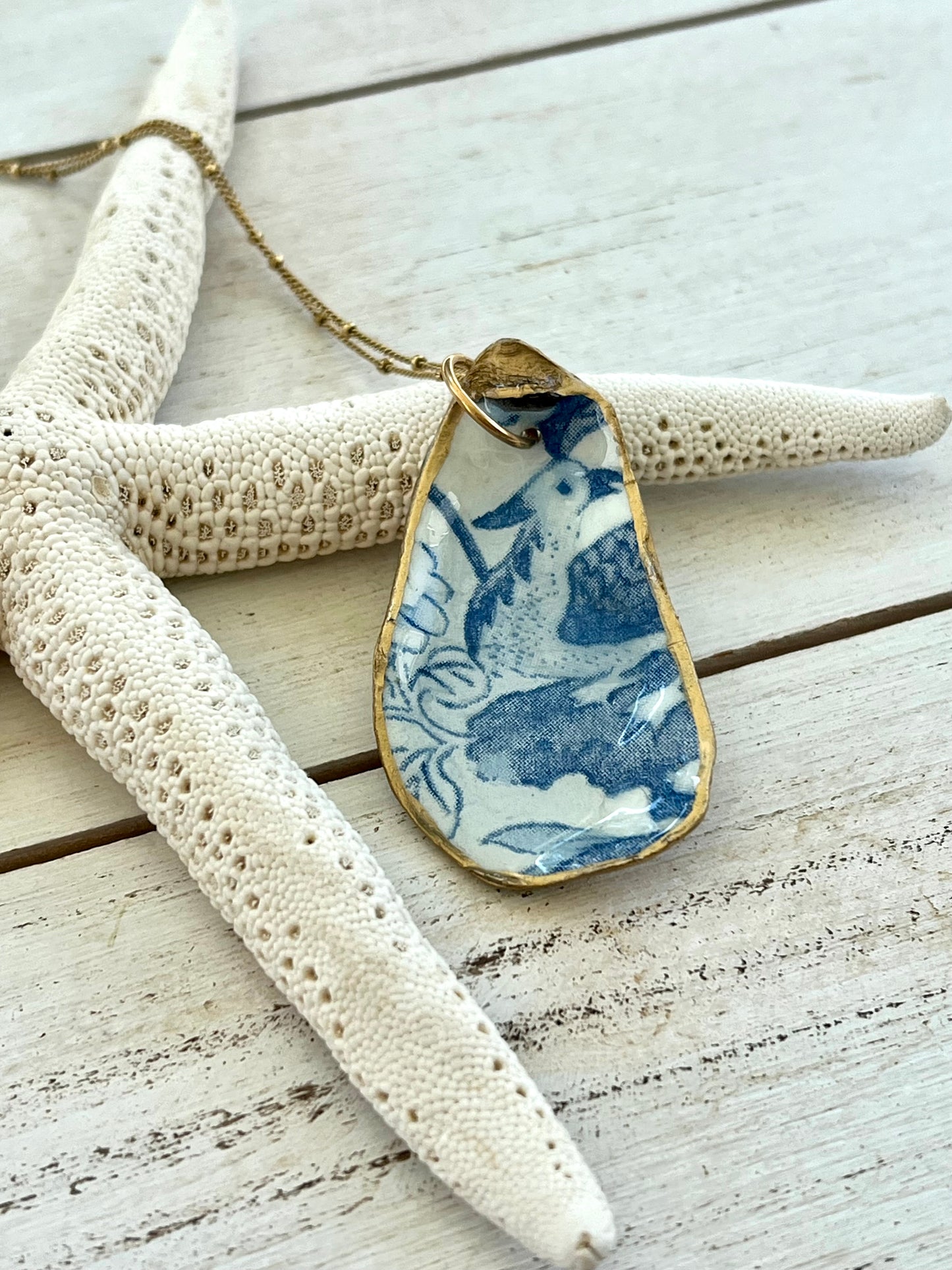 Blue and White Chinoiserie Oyster Shell Necklace
