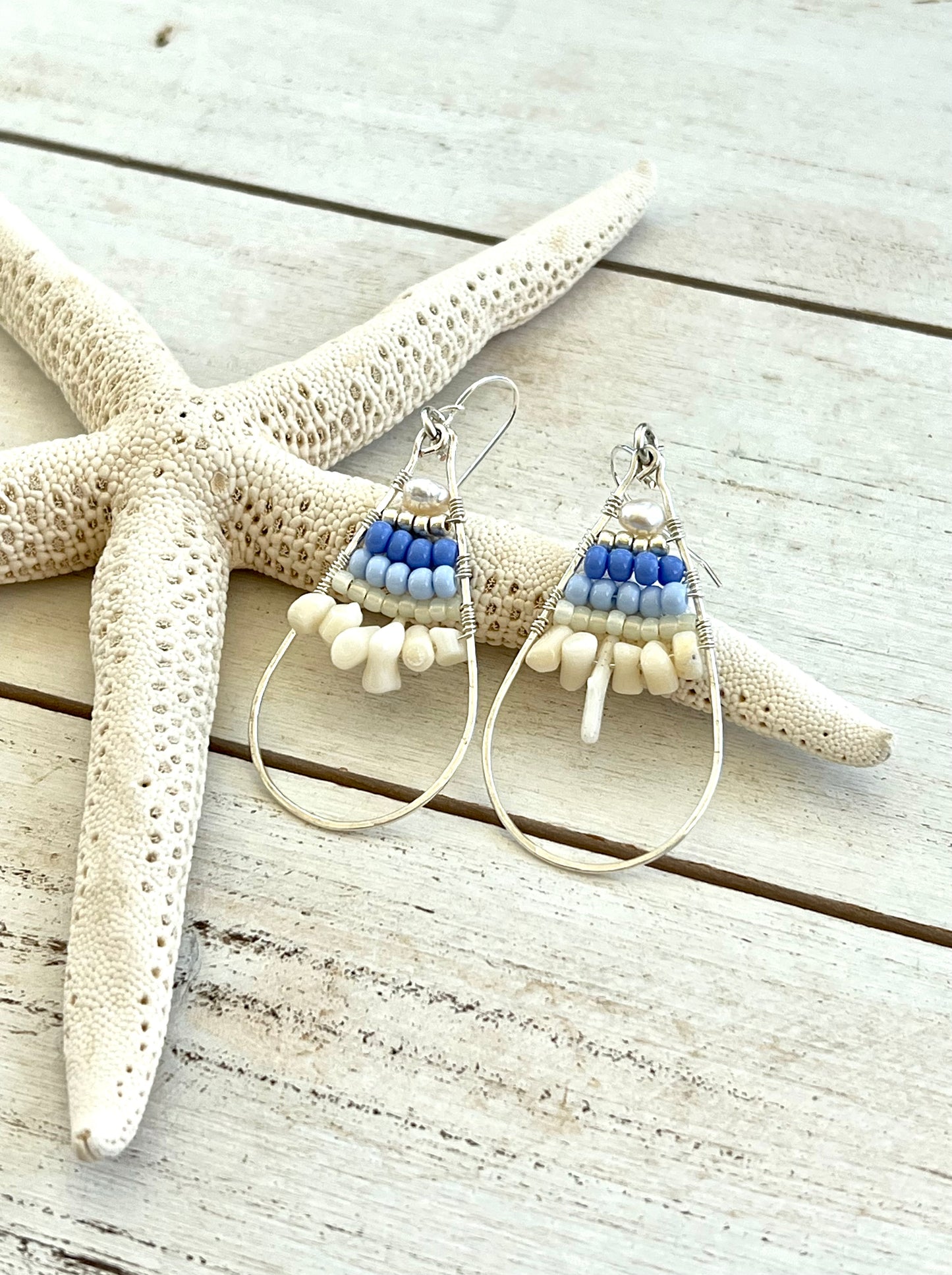 Artisan Beaded Teardrop Earrings - Silver and Blue