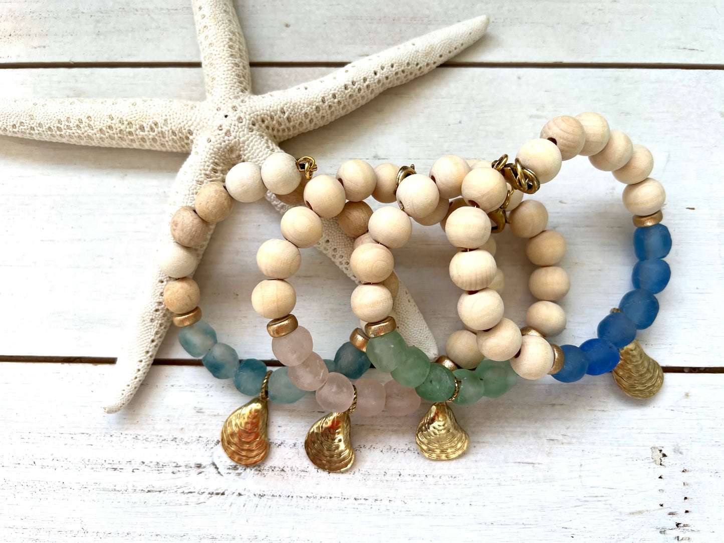 Coastal Wooden and Glass Gold Charm Oyster Bracelet
