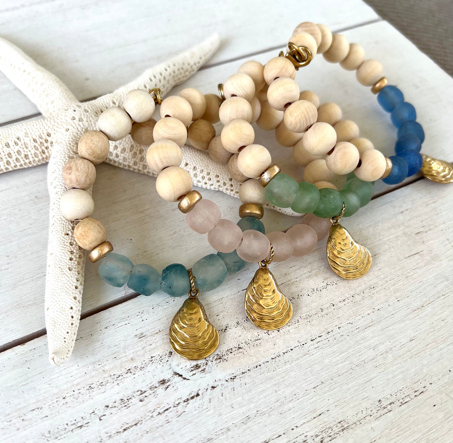 Coastal Wooden and Glass Gold Charm Oyster Bracelet