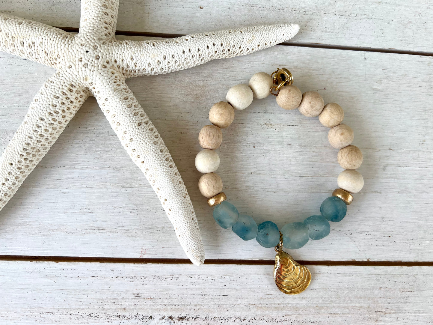 Coastal Wooden and Glass Gold Charm Oyster Bracelet