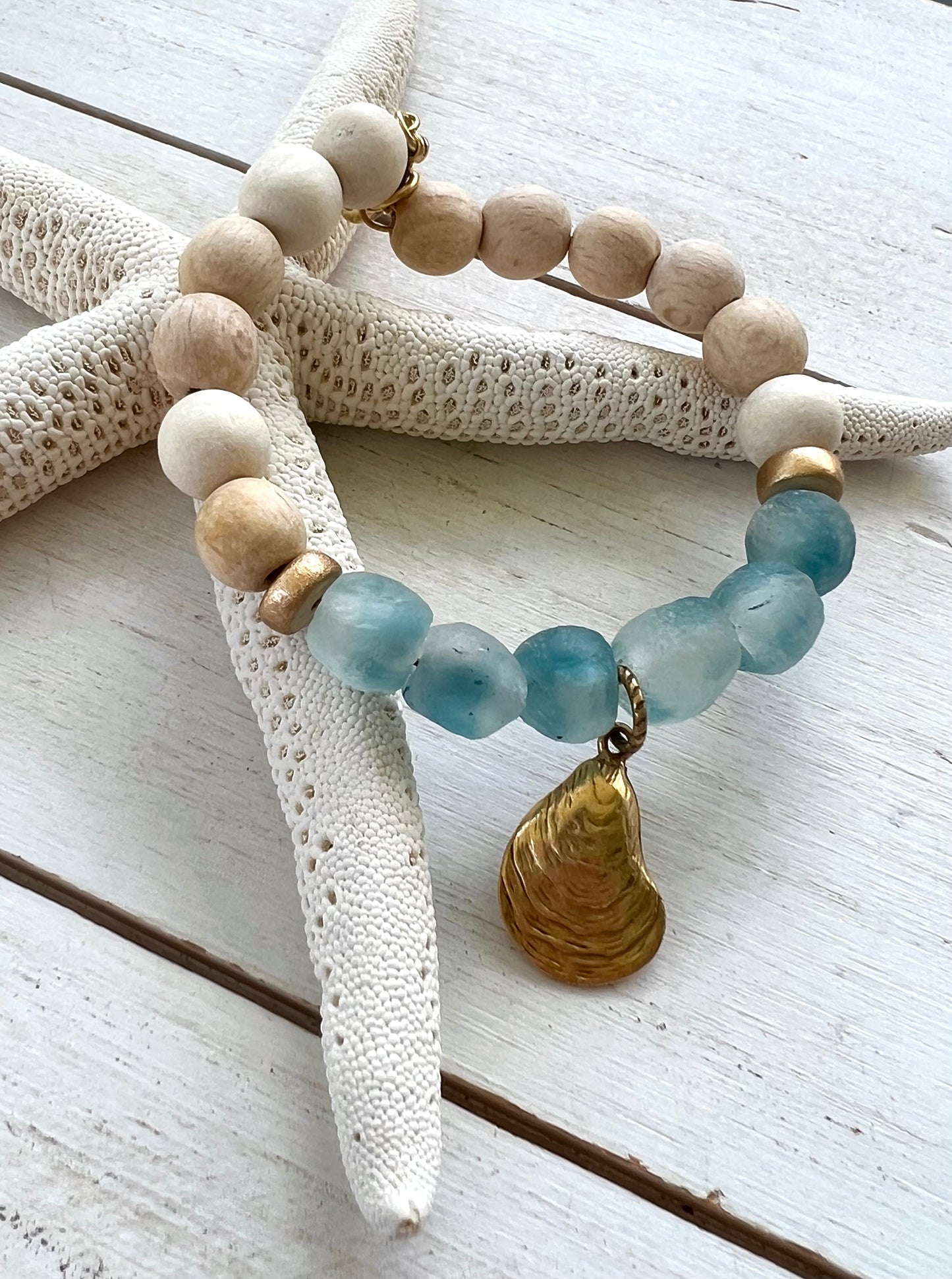Coastal Wooden and Glass Gold Charm Oyster Bracelet