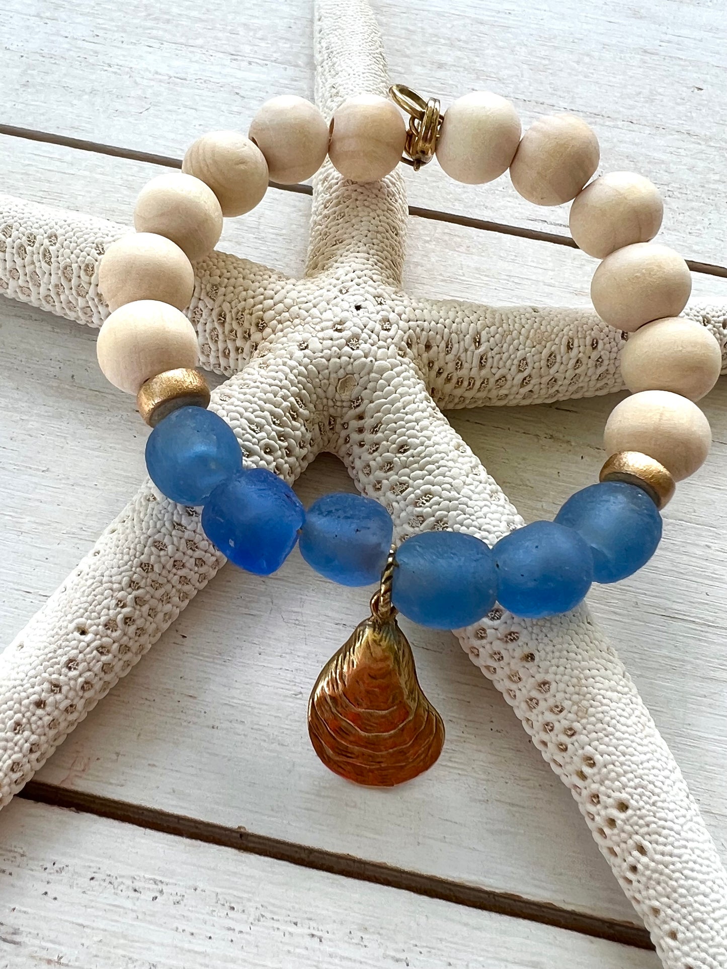 Coastal Wooden and Glass Gold Charm Oyster Bracelet