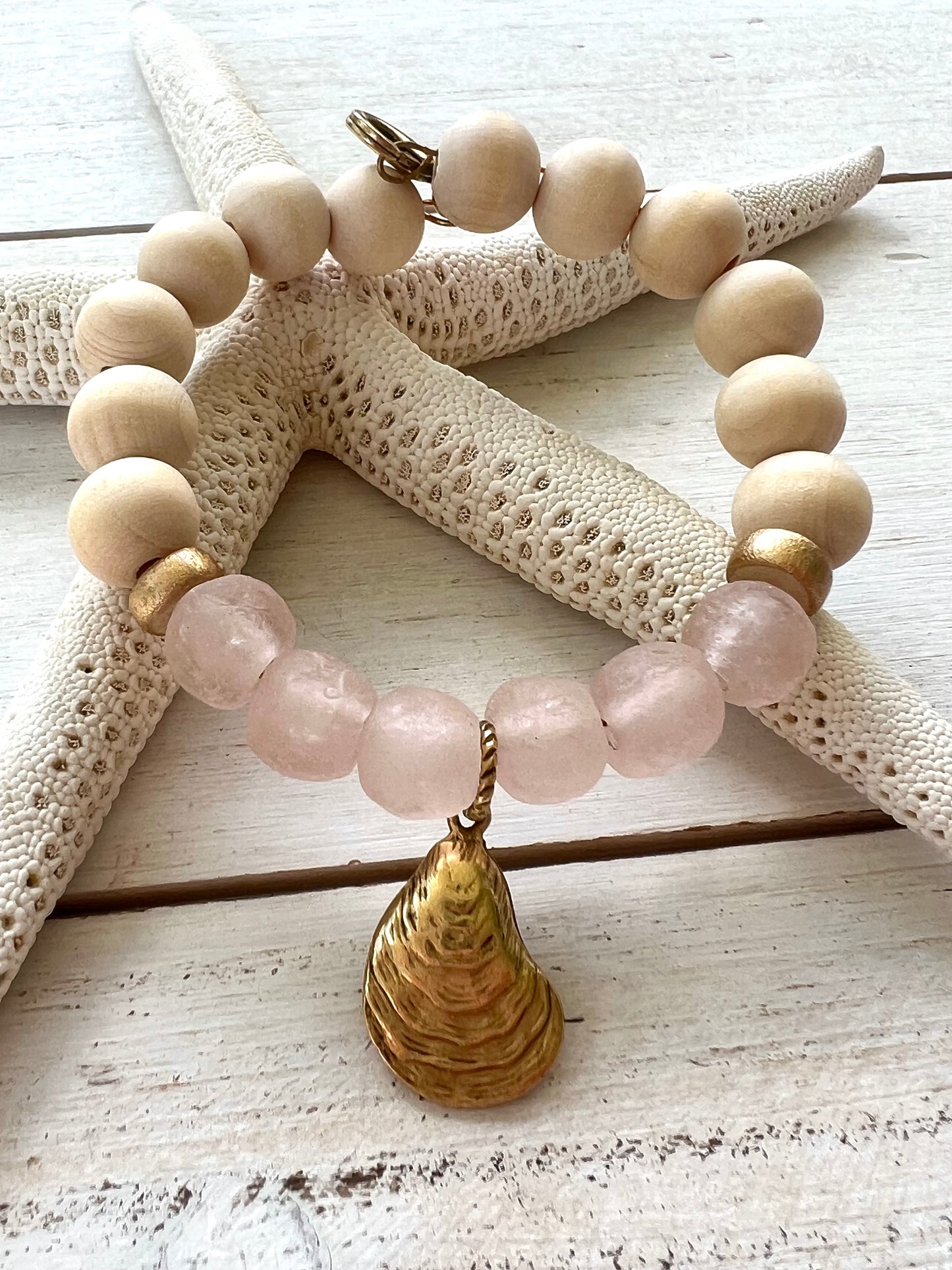 Coastal Wooden and Glass Gold Charm Oyster Bracelet
