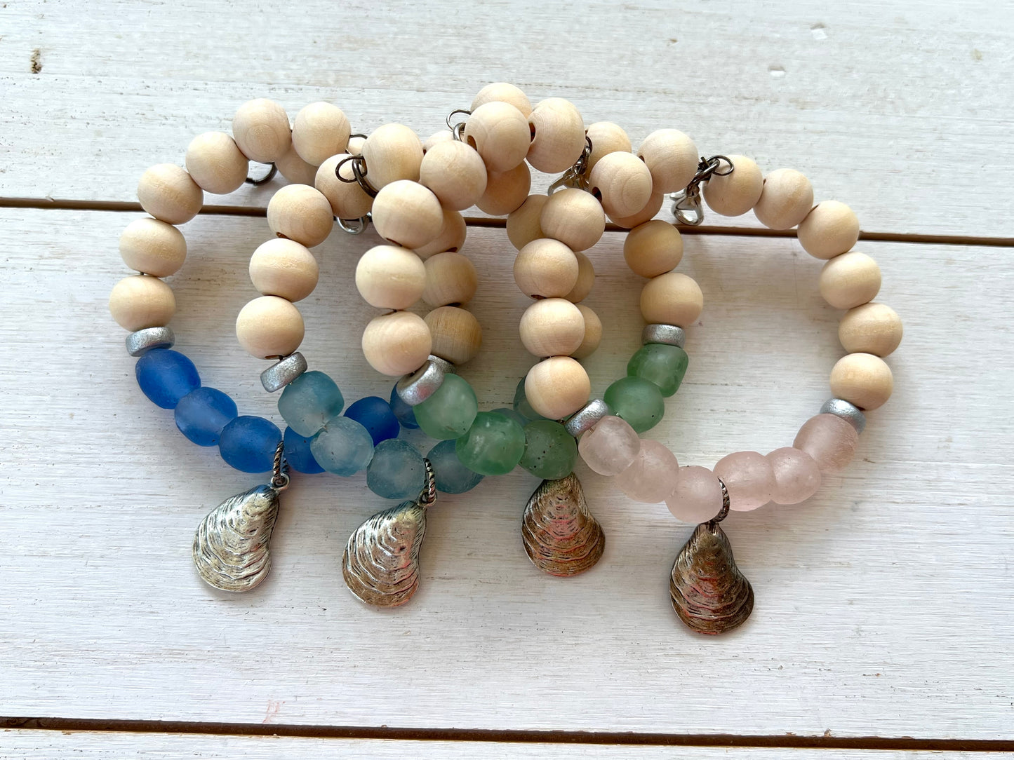 Coastal Wooden and Glass Silver Charm Oyster Bracelet