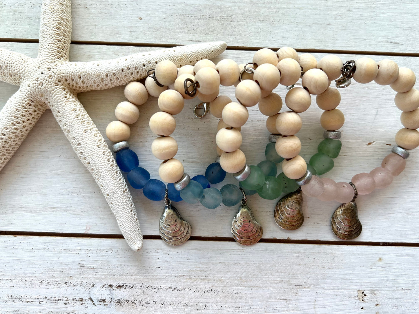 Coastal Wooden and Glass Silver Charm Oyster Bracelet