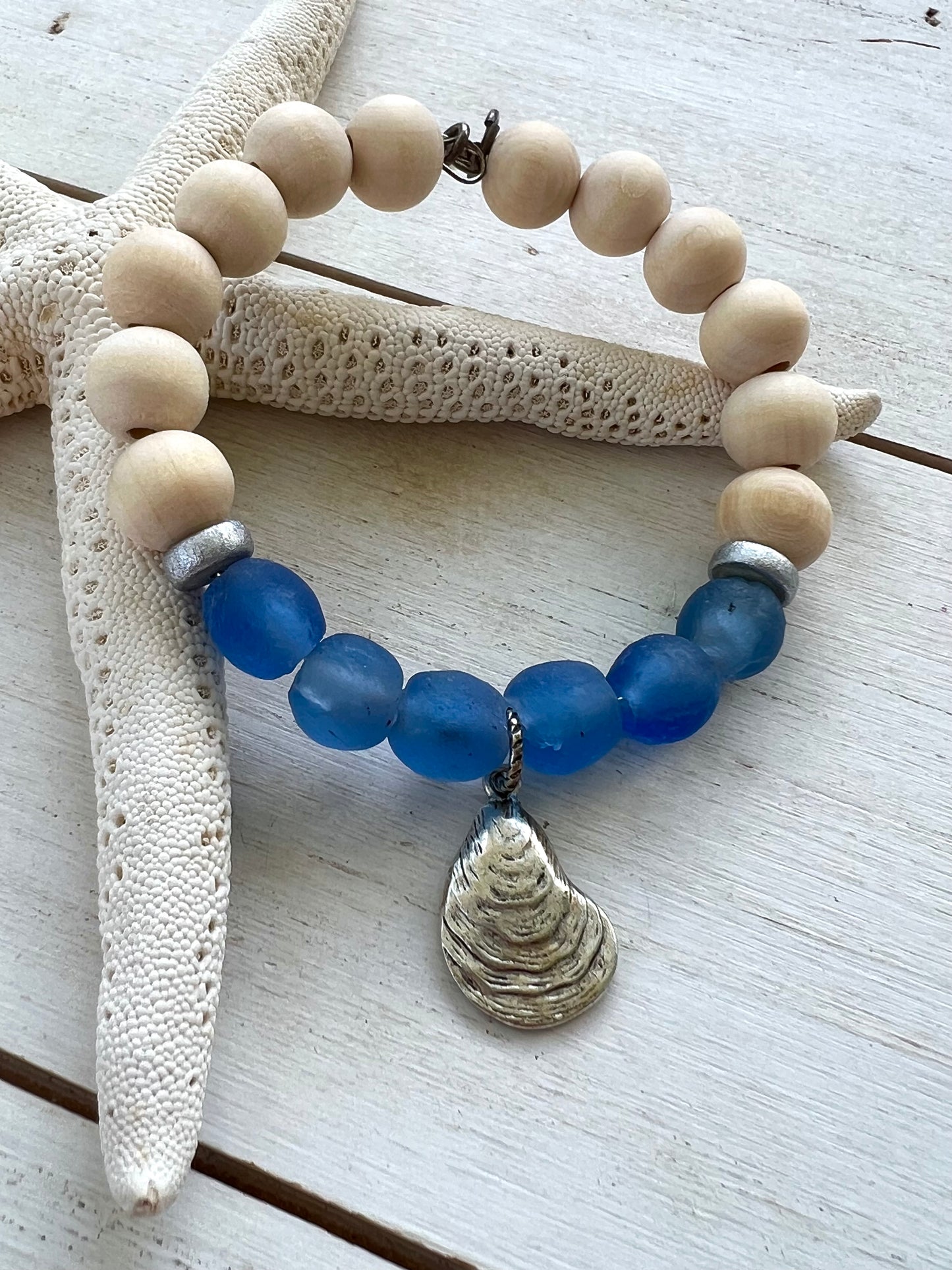Coastal Wooden and Glass Silver Charm Oyster Bracelet