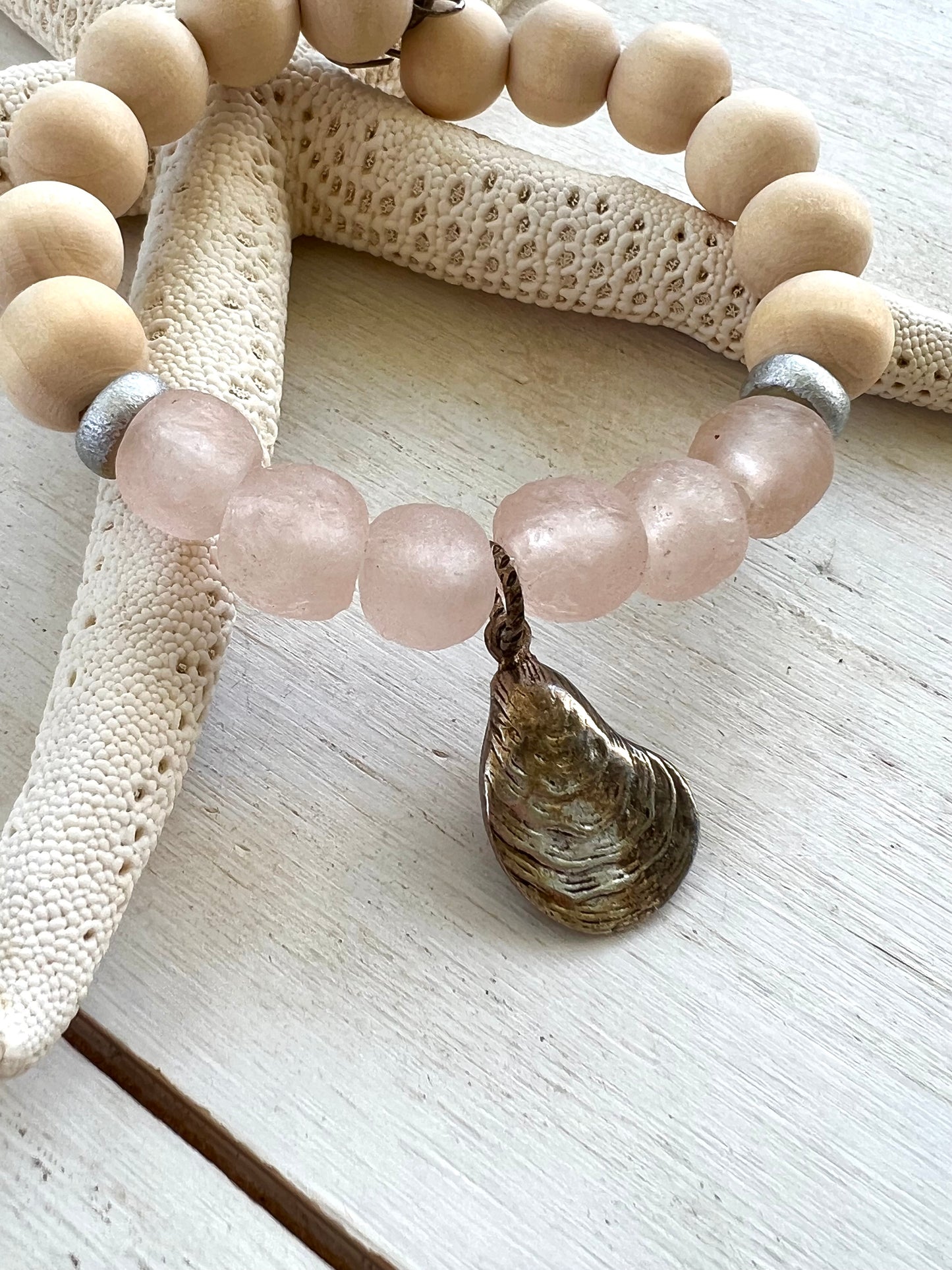 Coastal Wooden and Glass Silver Charm Oyster Bracelet