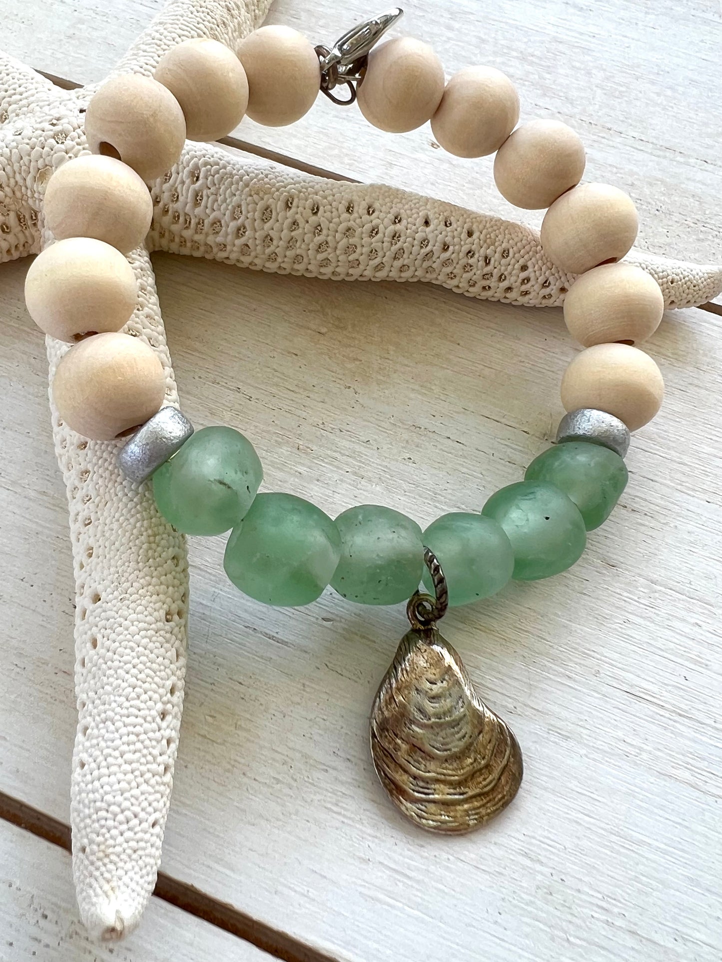 Coastal Wooden and Glass Silver Charm Oyster Bracelet