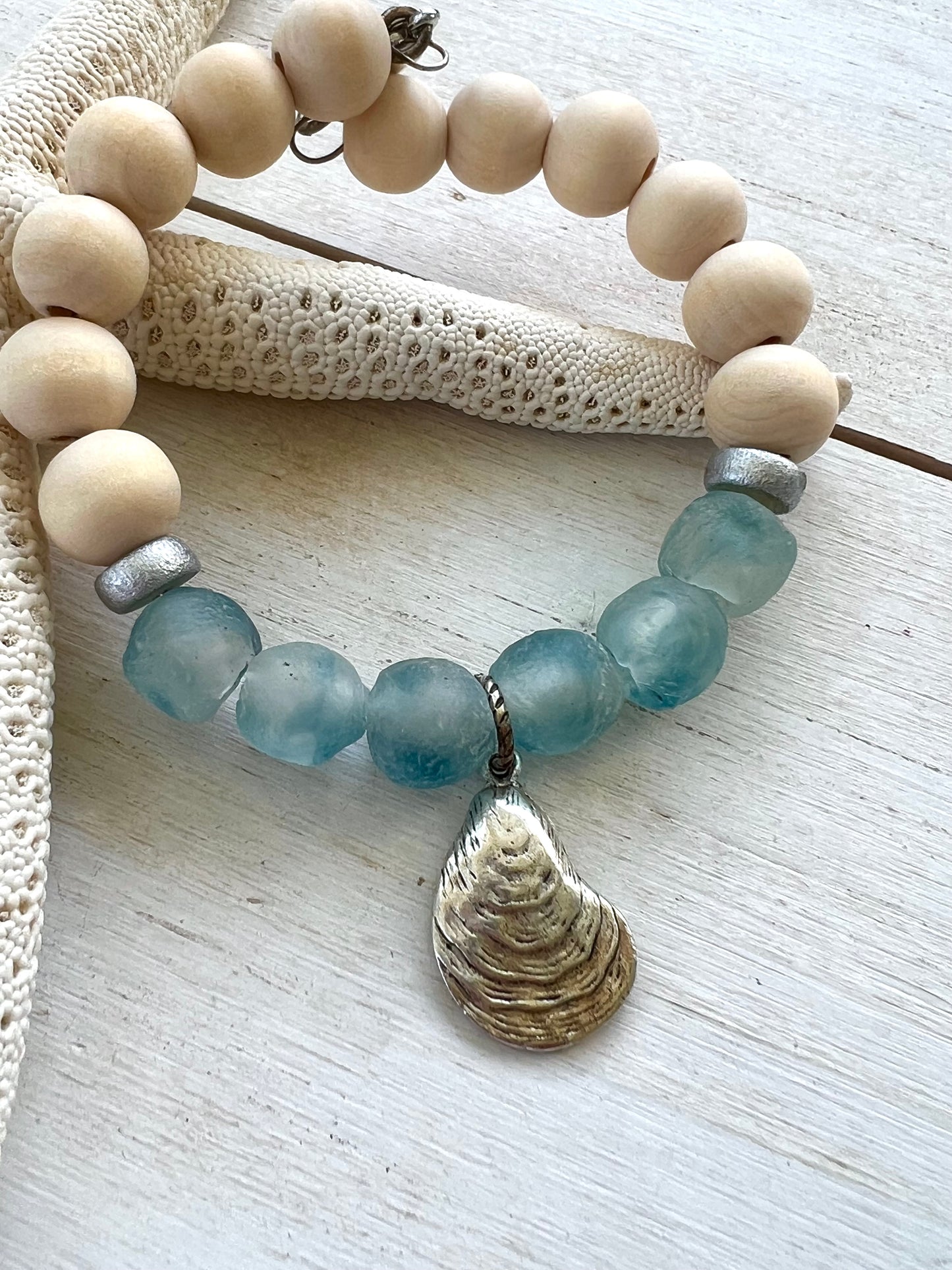 Coastal Wooden and Glass Silver Charm Oyster Bracelet