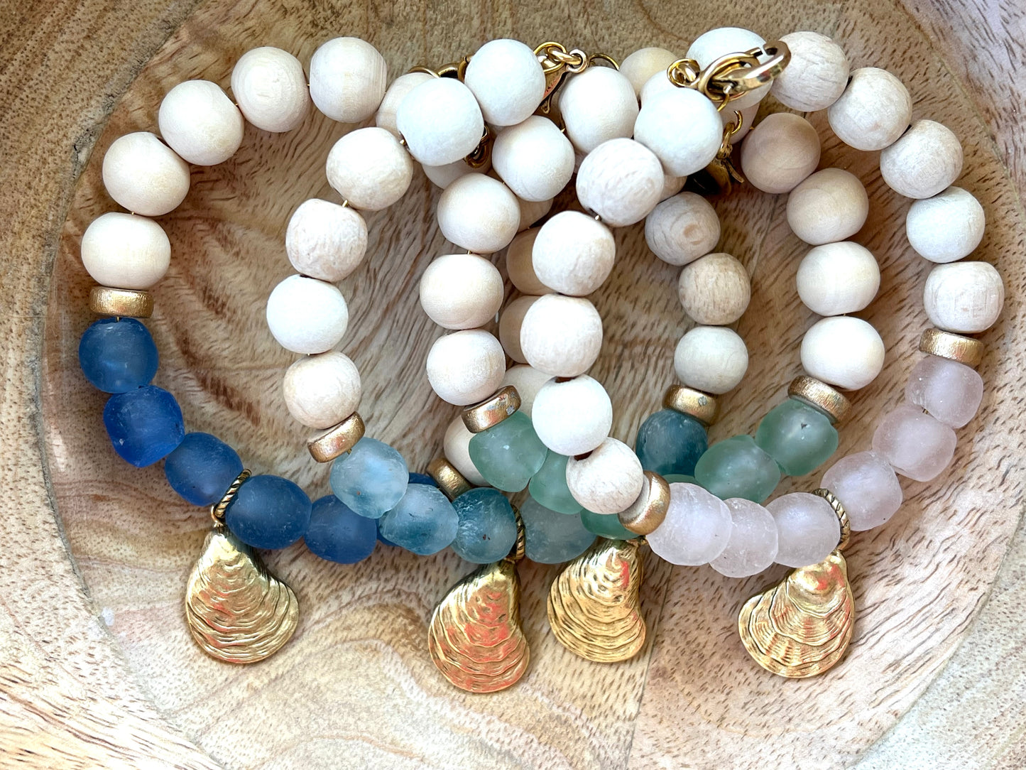 Coastal Wooden and Glass Gold Charm Oyster Bracelet