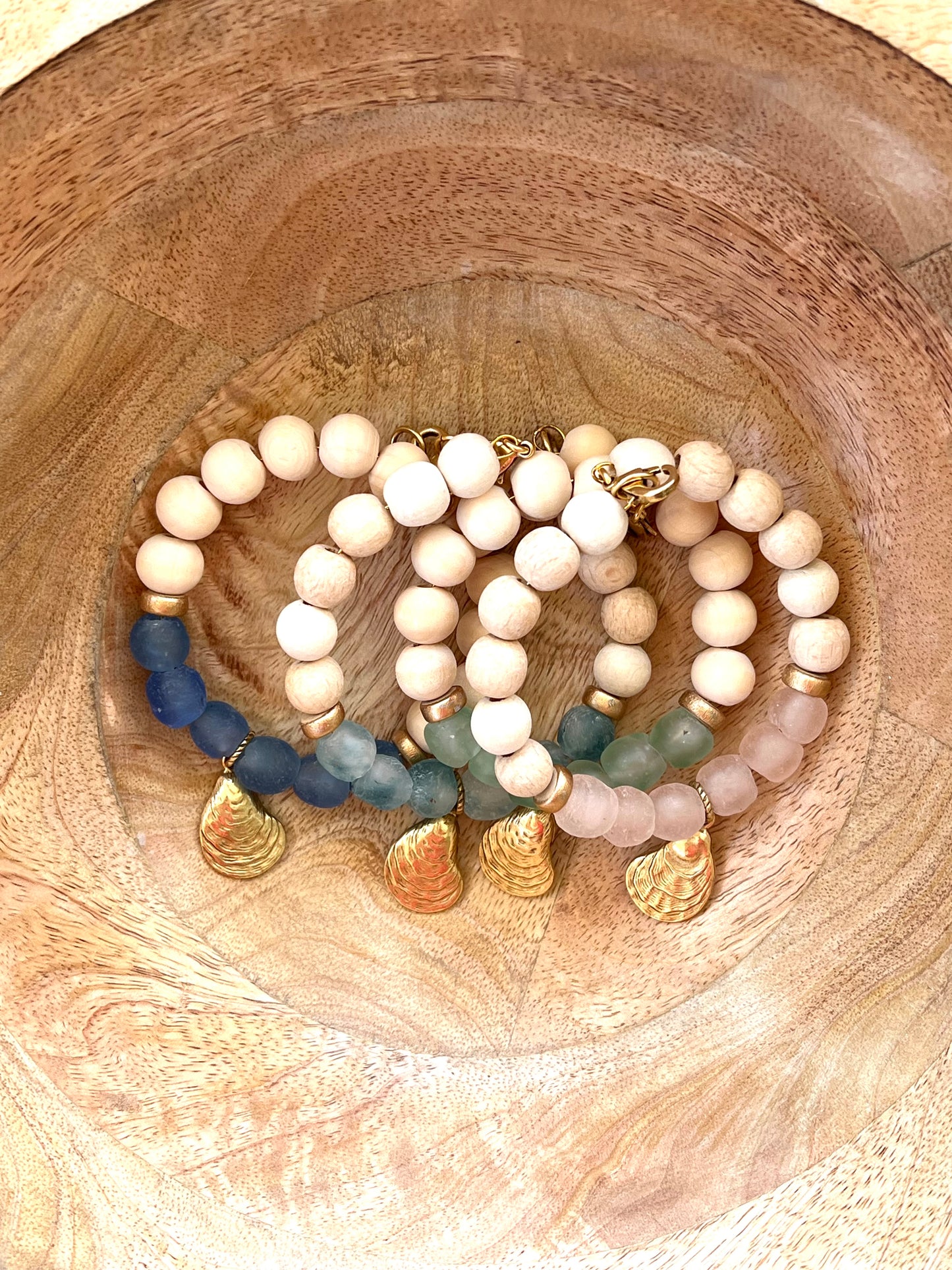 Coastal Wooden and Glass Gold Charm Oyster Bracelet