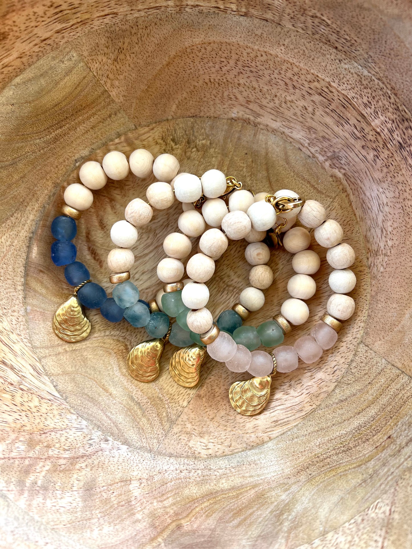 Coastal Wooden and Glass Gold Charm Oyster Bracelet