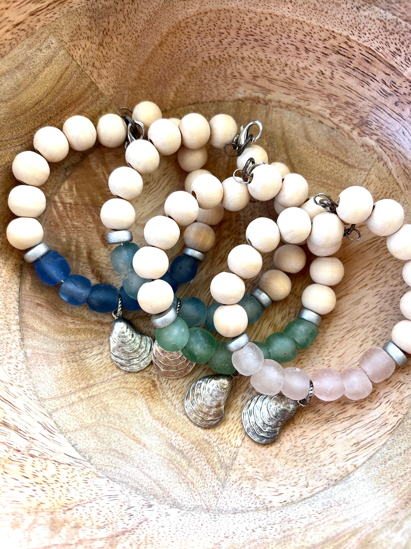 Coastal Wooden and Glass Silver Charm Oyster Bracelet