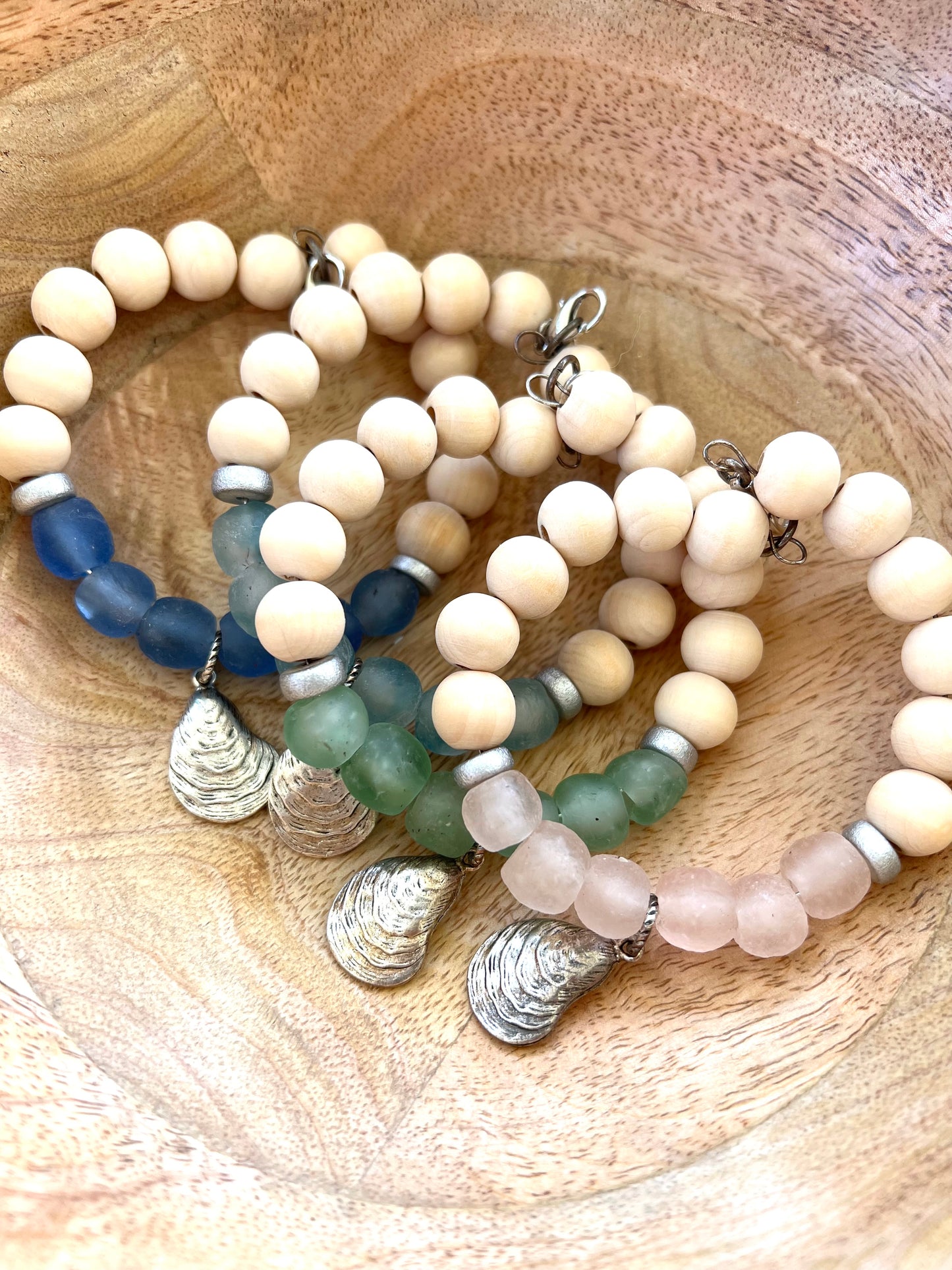 Coastal Wooden and Glass Silver Charm Oyster Bracelet