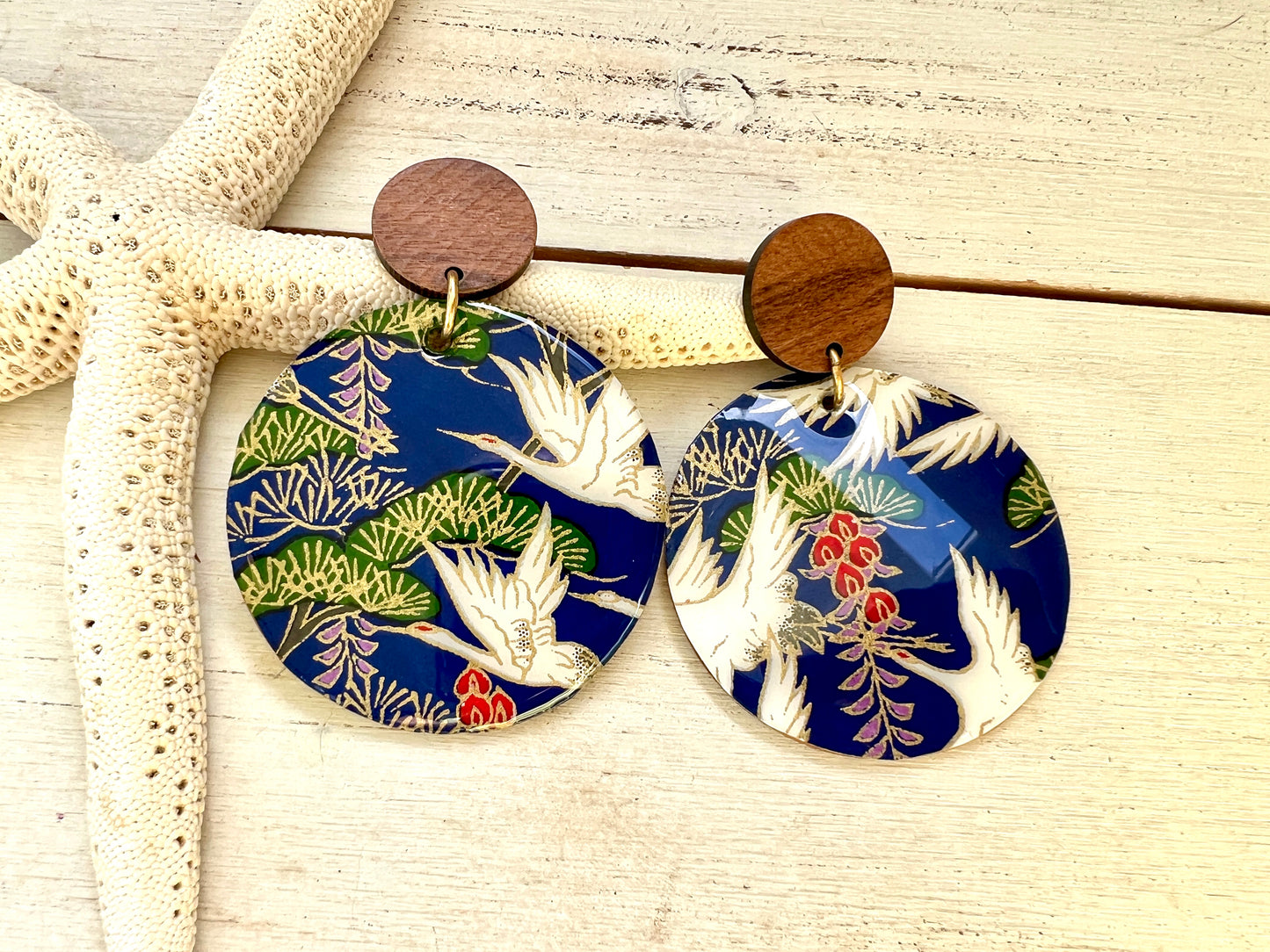Large Egret Chiyogami Earrings