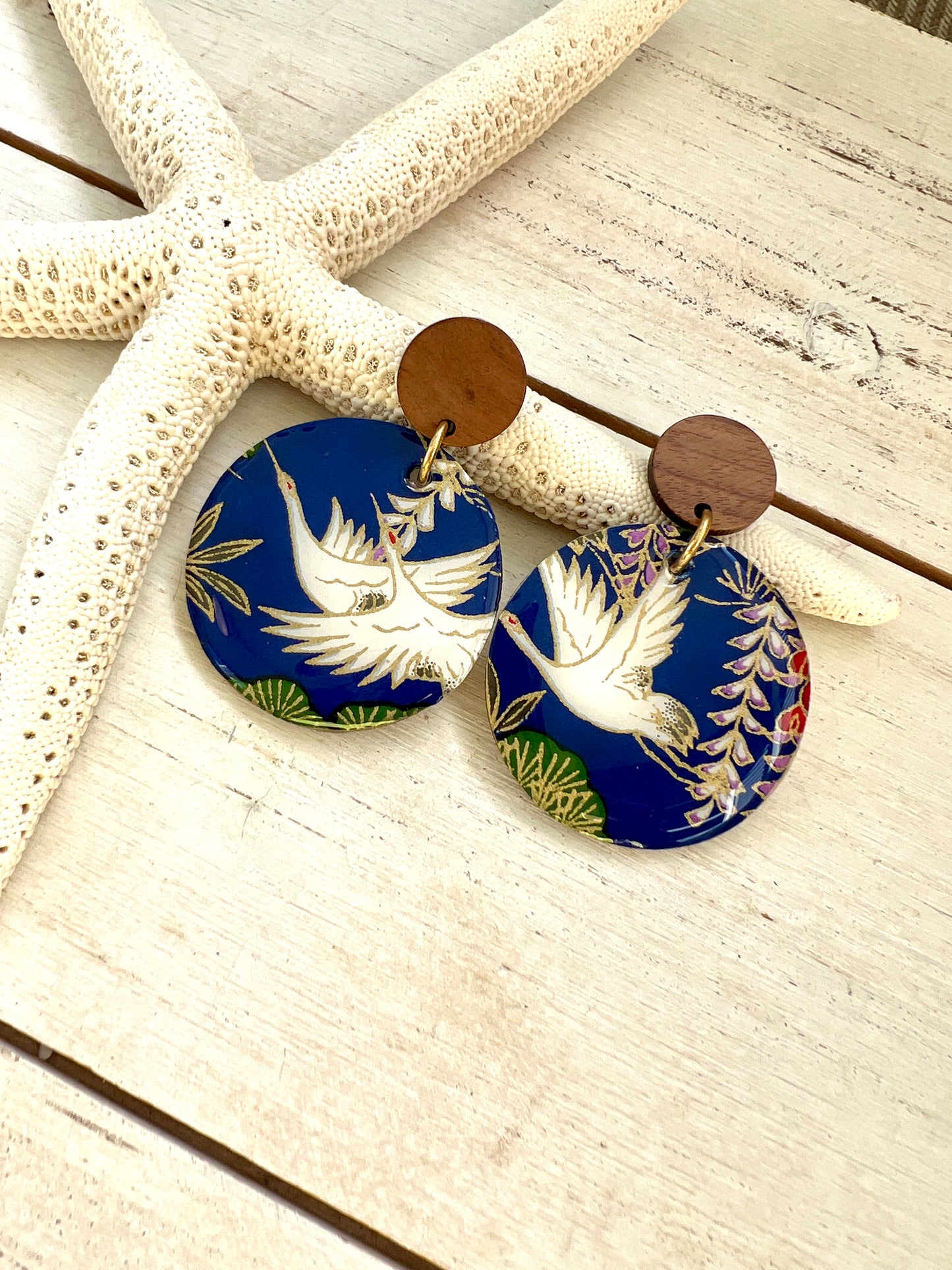 Medium Egret Chiyogami Earrings