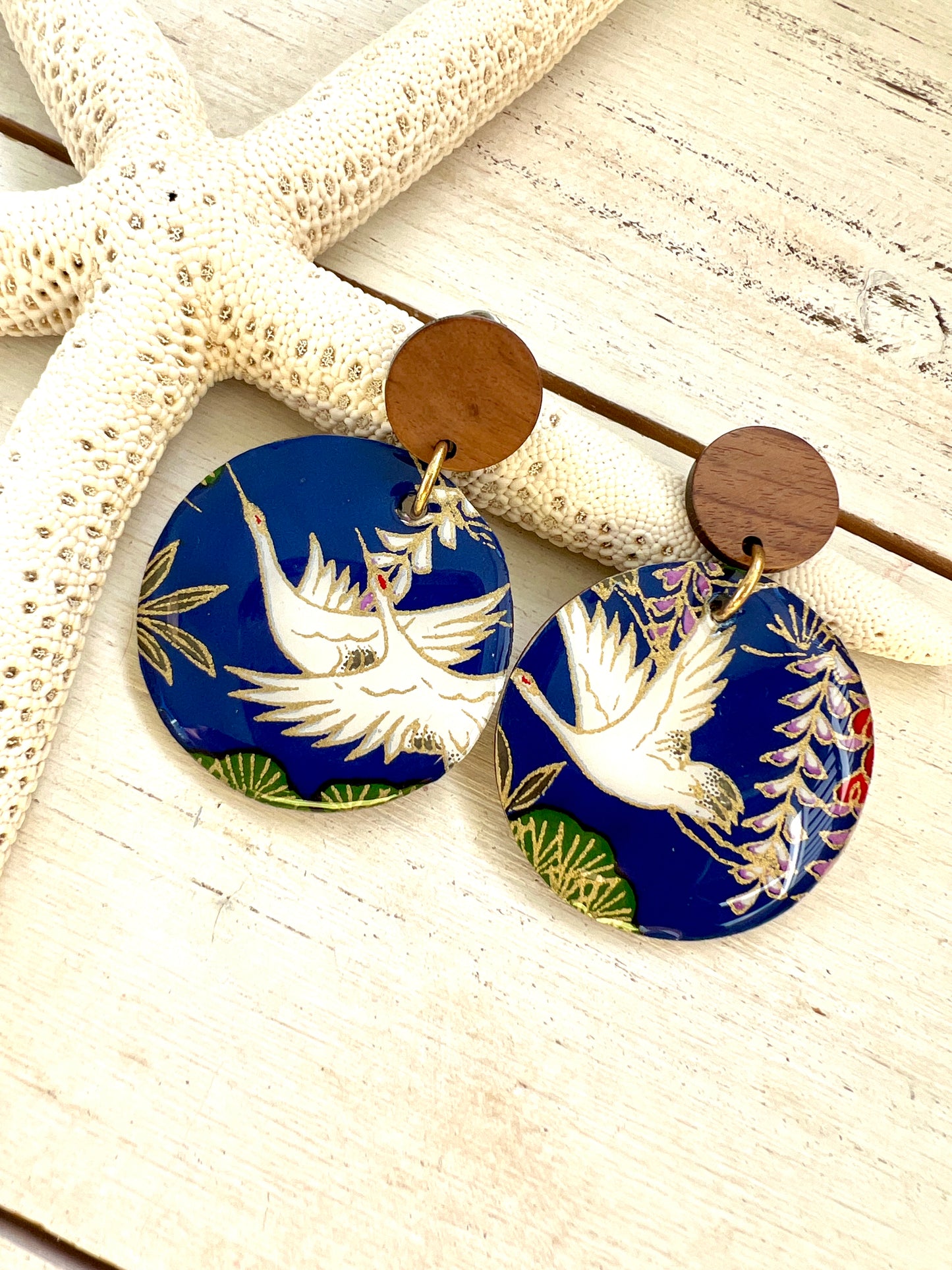 Medium Egret Chiyogami Earrings