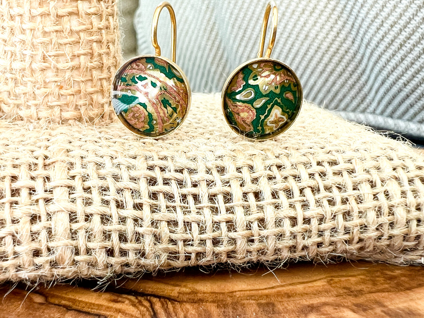 Green Paisley Print Domed Gold Setting Earrings