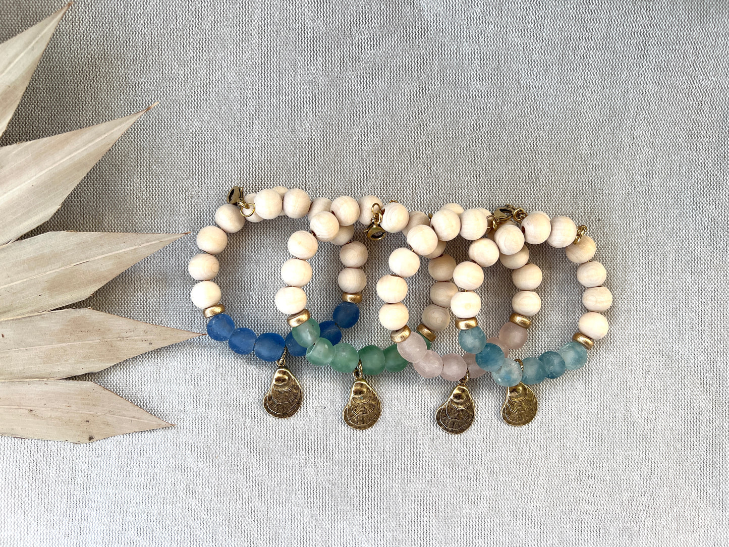 Coastal Wooden and Glass Gold Charm Oyster Bracelet