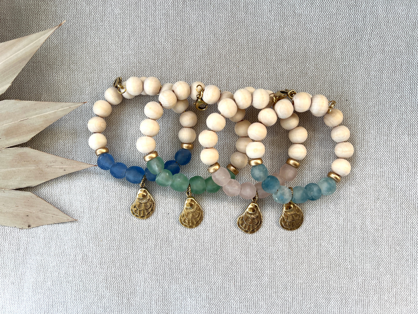 Coastal Wooden and Glass Gold Charm Oyster Bracelet