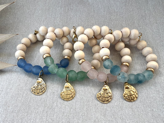 Coastal Wooden and Glass Gold Charm Oyster Bracelet