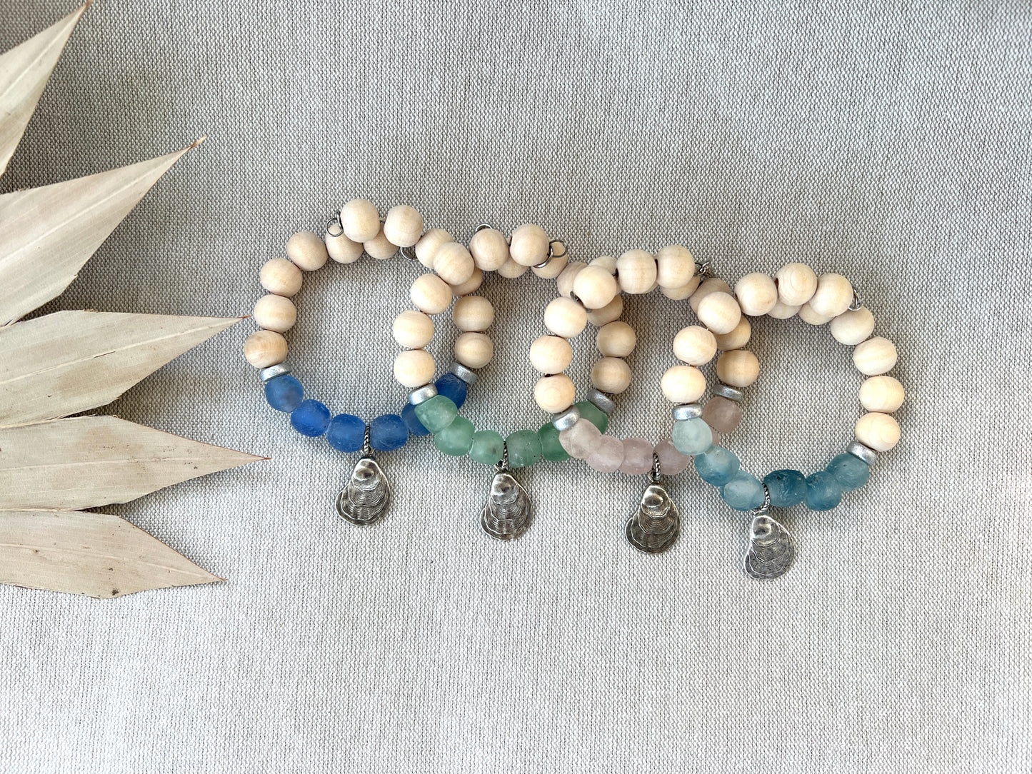 Coastal Wooden and Glass Silver Charm Oyster Bracelet