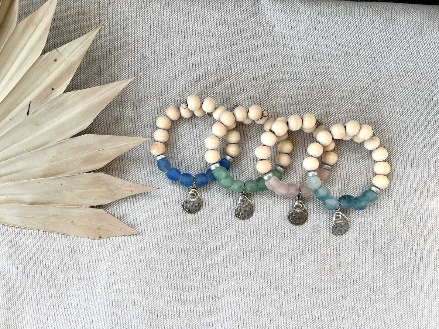 Coastal Wooden and Glass Silver Charm Oyster Bracelet