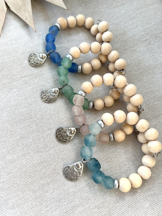 Coastal Wooden and Glass Silver Charm Oyster Bracelet