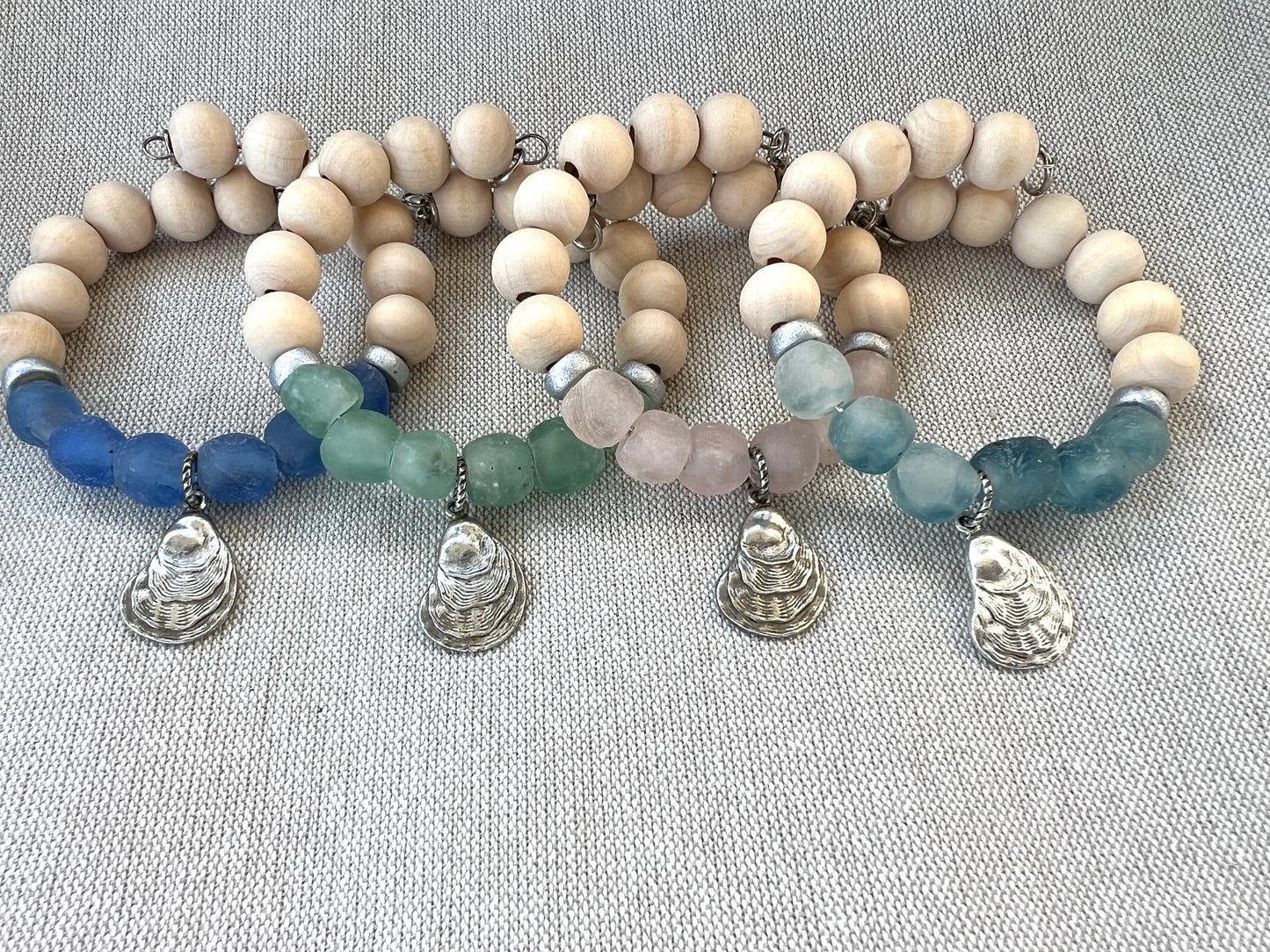 Coastal Wooden and Glass Silver Charm Oyster Bracelet