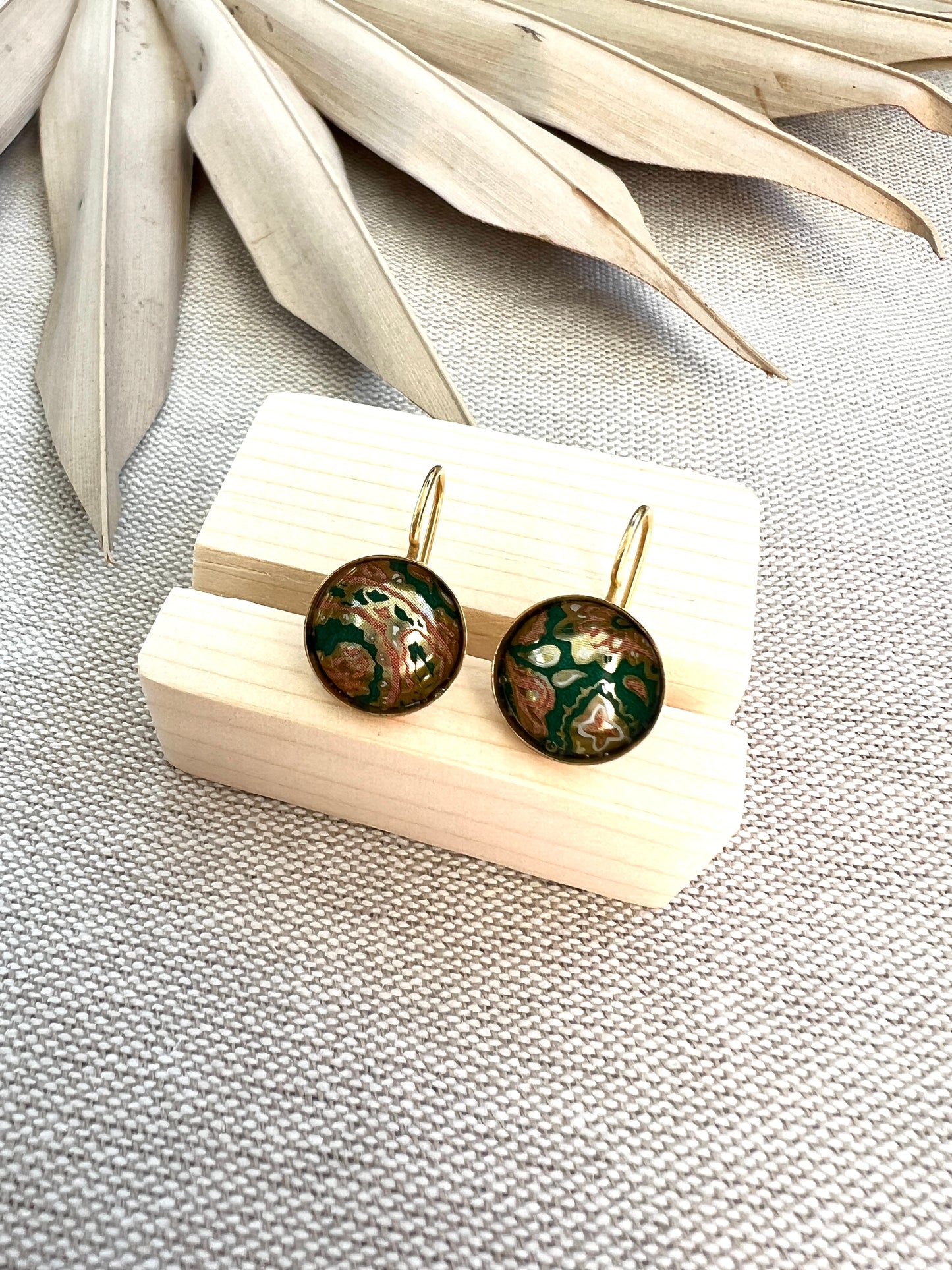 Green Paisley Print Domed Gold Setting Earrings