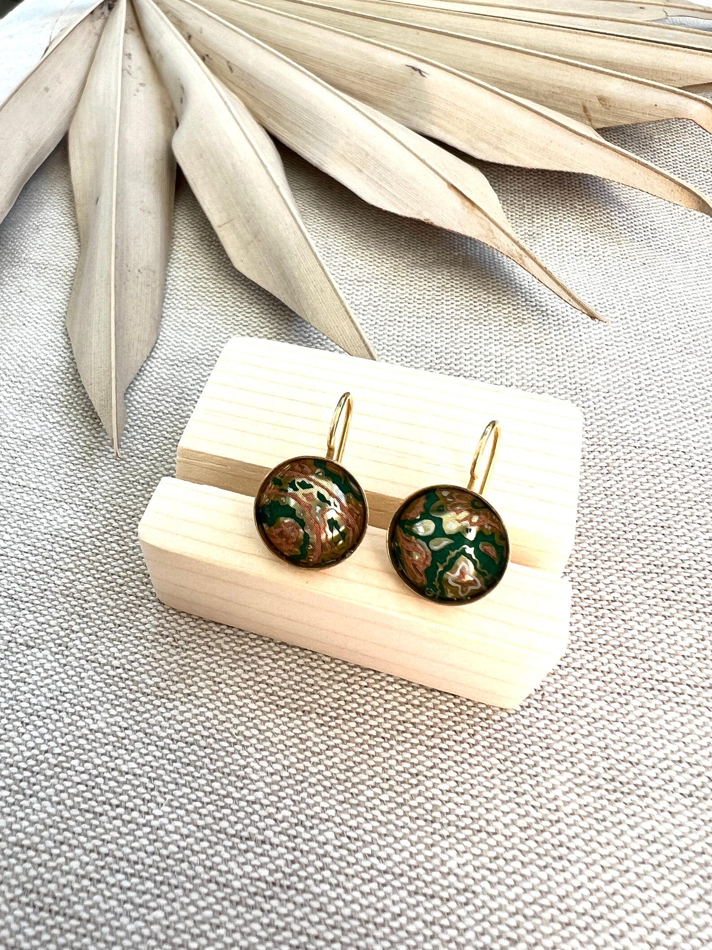 Green Paisley Print Domed Gold Setting Earrings