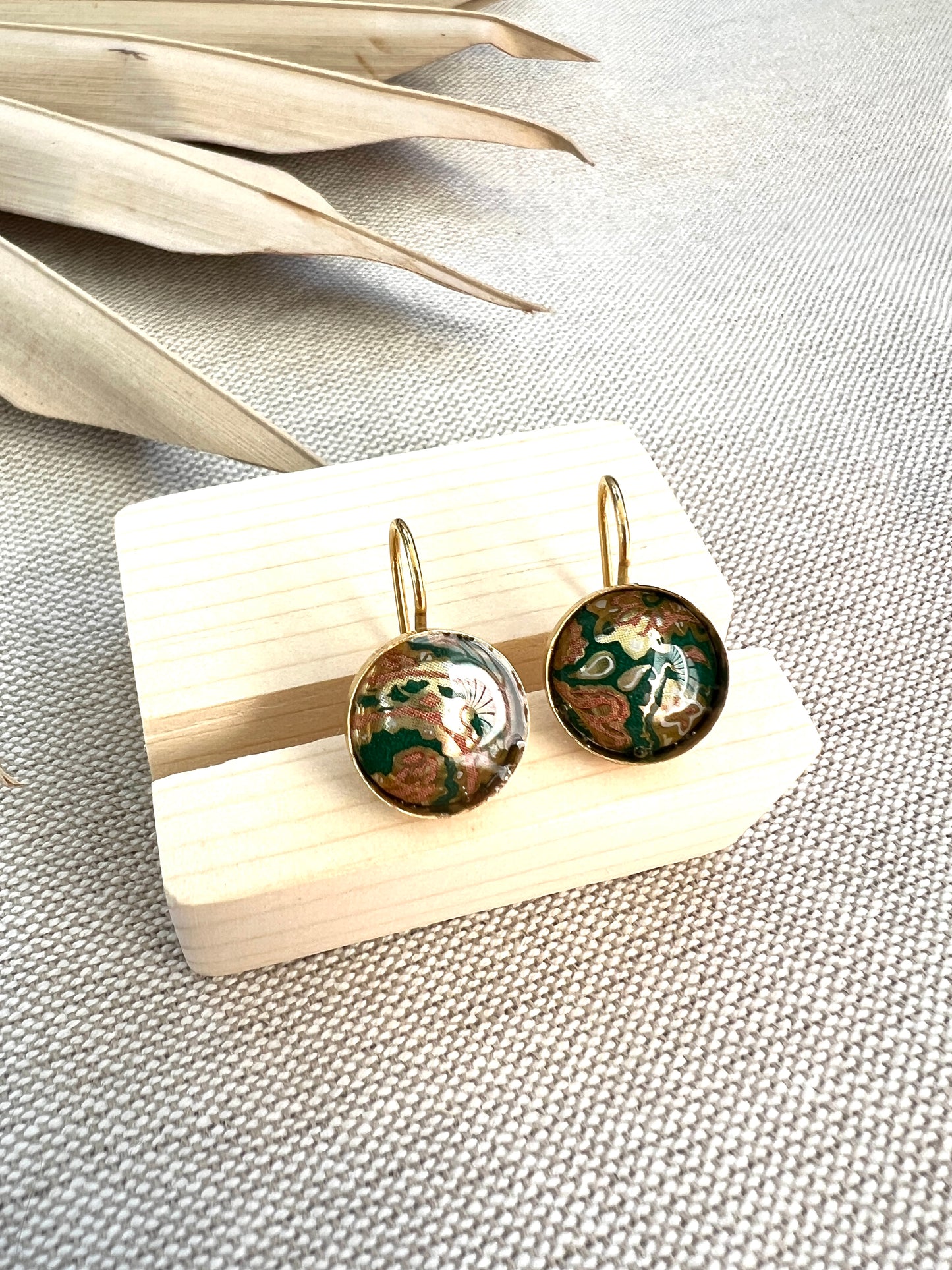 Green Paisley Print Domed Gold Setting Earrings