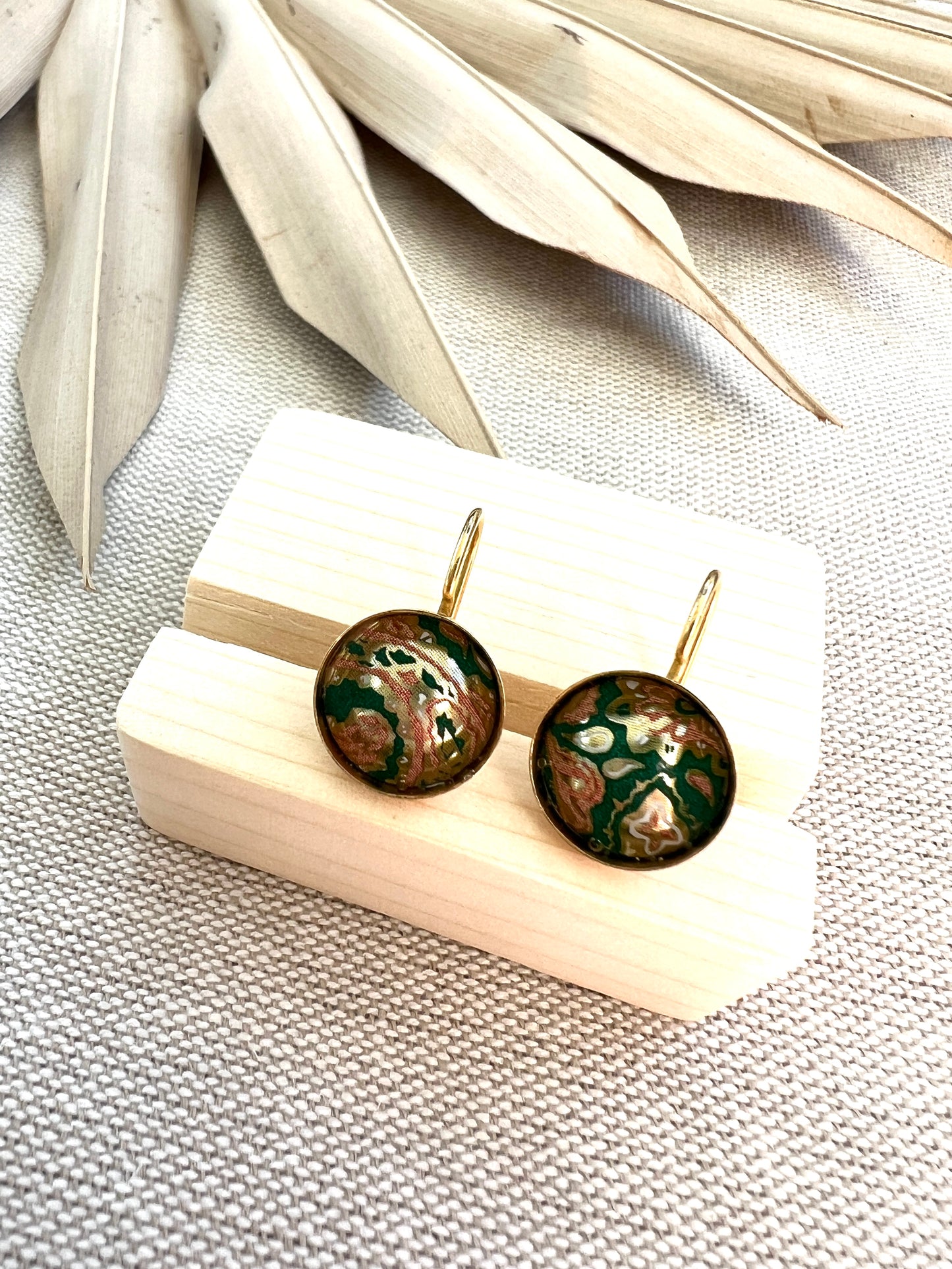Green Paisley Print Domed Gold Setting Earrings