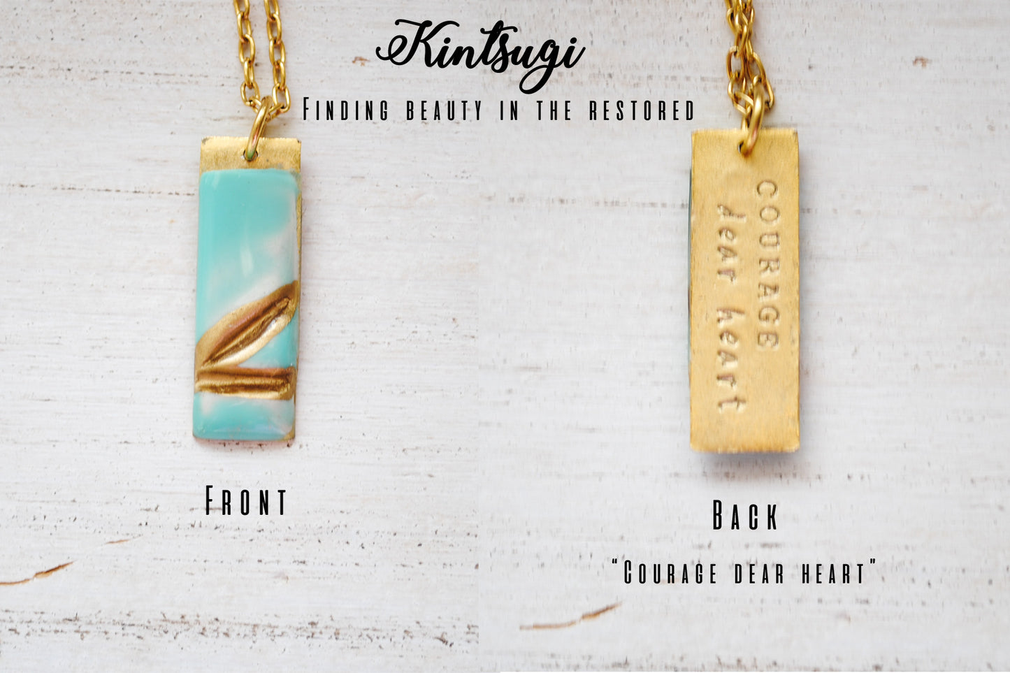 Kintsugi Inspired Pendants - Encouragement Gift - Double Sided Necklace - Hand Stamped - Kintsugi Necklace Rectangle, turquoise, gold