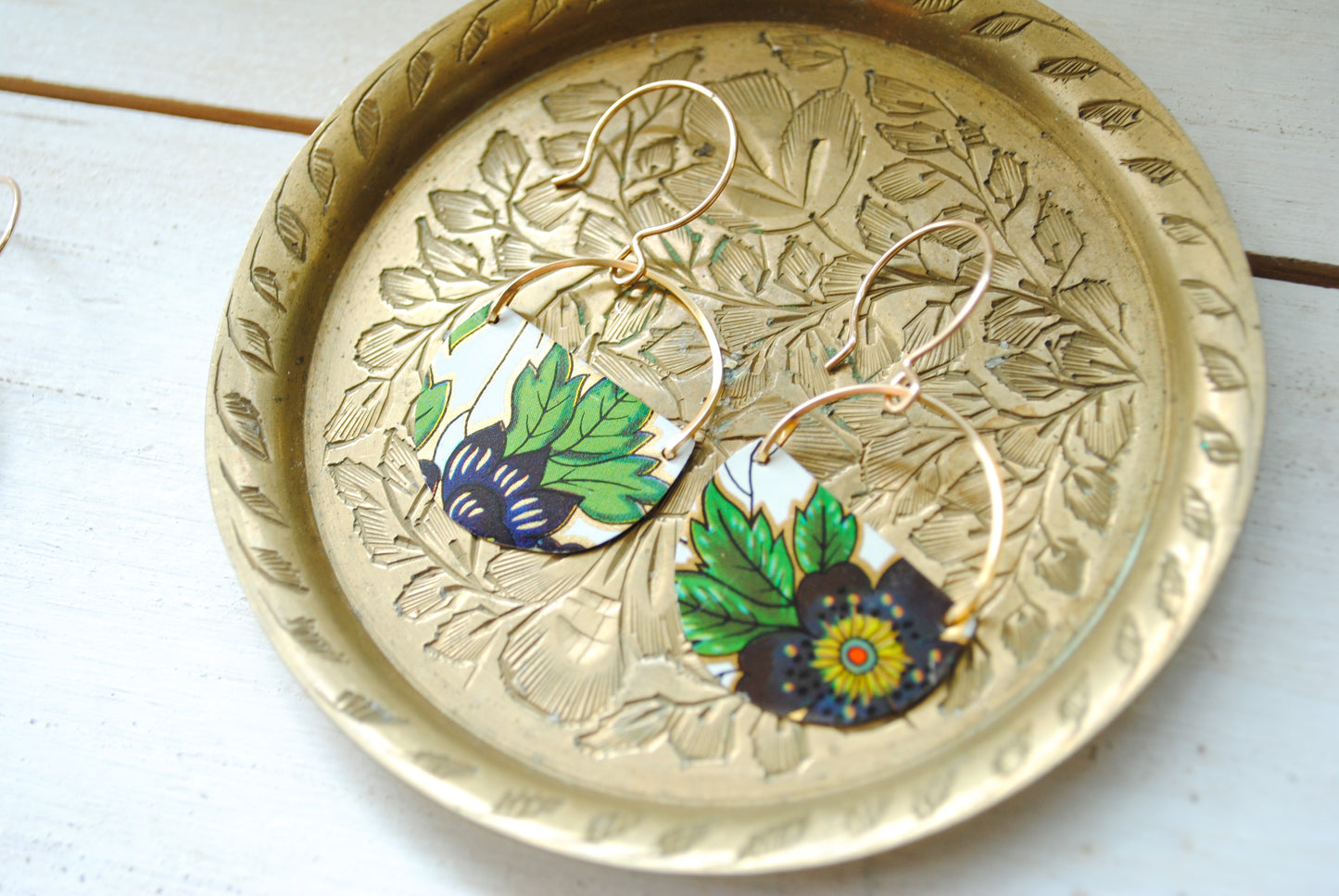 Navy Flower Half Circle Earrings