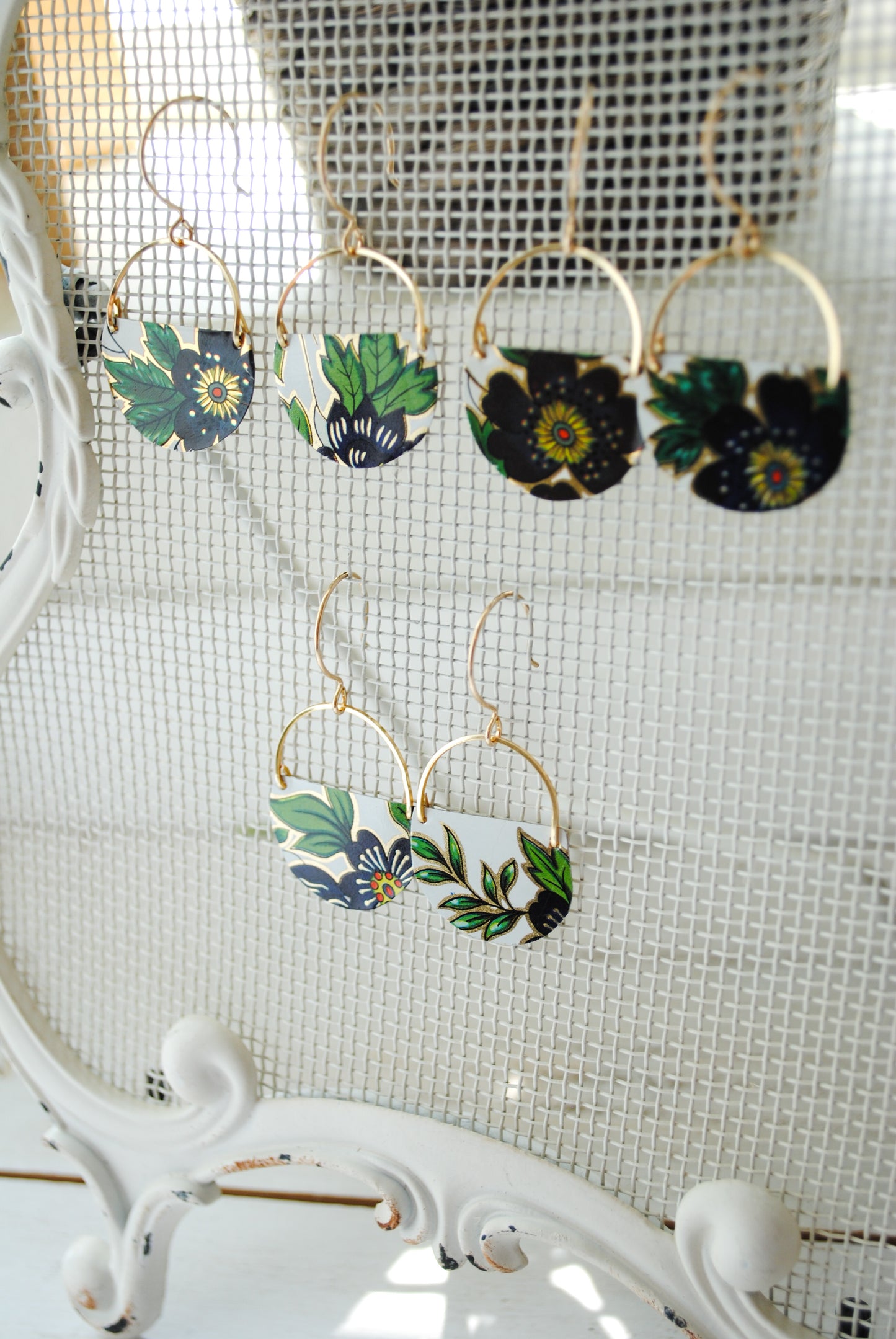 Navy Flower Half Circle Earrings