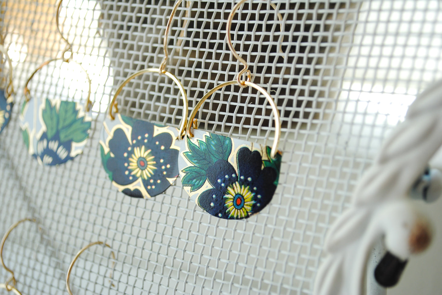 Navy Flower Half Circle Earrings