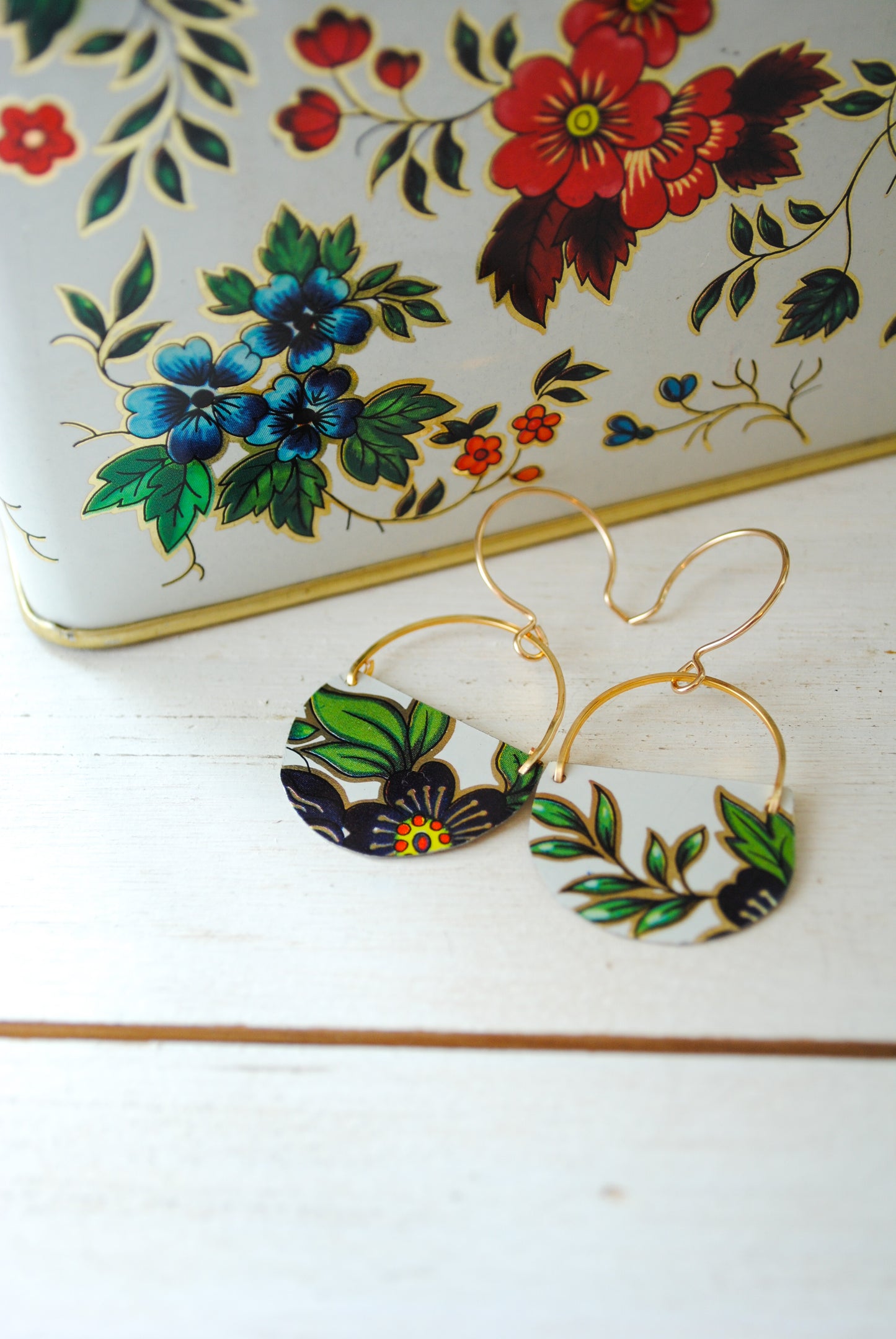 Navy Flower Half Circle Earrings