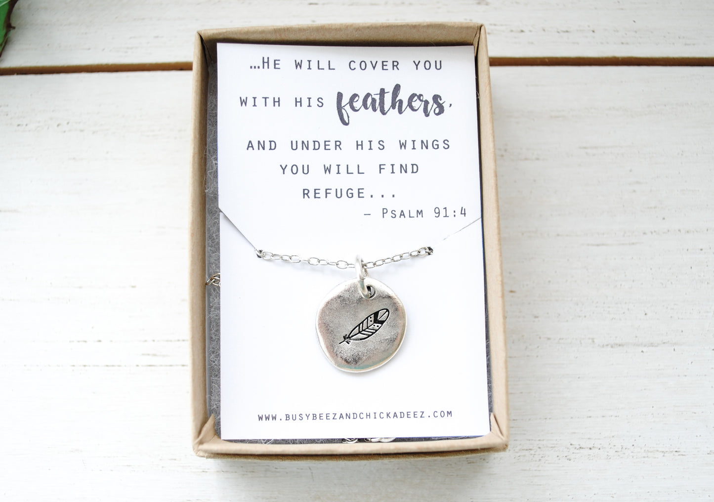 Feather Necklace - Psalm 91:4 He will cover you with his feathers - encouragement gift - Christian Necklace, Faith Jewelry - Gold or Silver