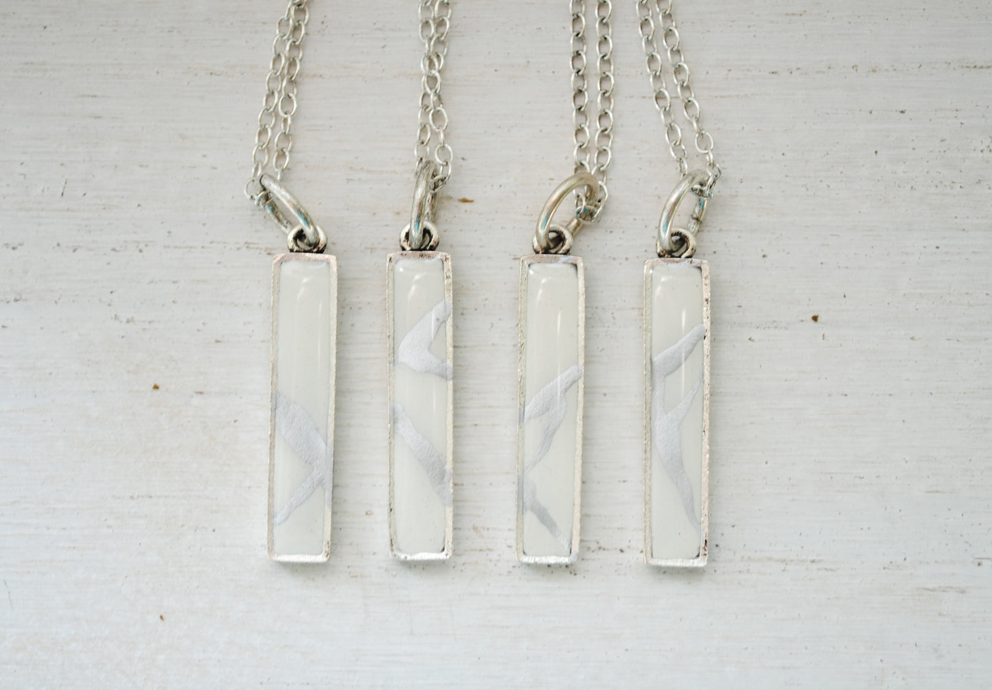 Kintsugi Inspired Pendants - Encouragement Gift - Kintsugi Bar Necklace, Rectangle, White, Silver