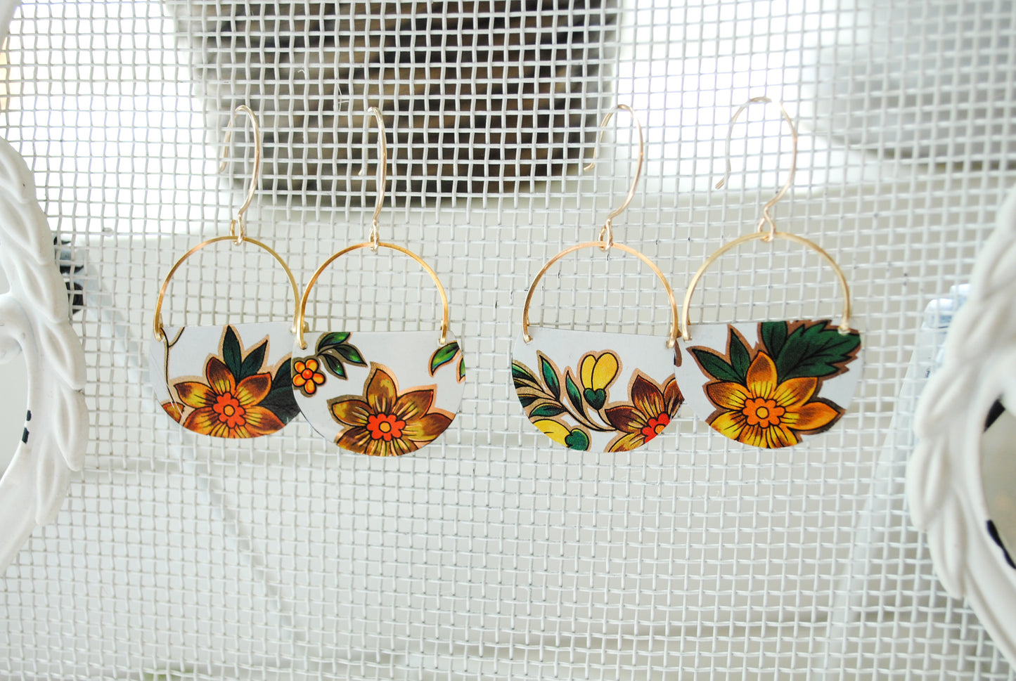 Yellow Flower Half Circle Earrings - Daffodil Earrings
